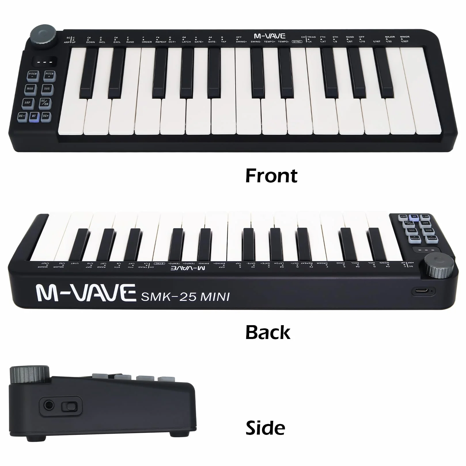 M-VAVE 25-klawiszowa mini klawiatura, klawiatura MIDI, profesjonalny Beat Maker i Keytar do produkcji muzycznej, wbudowana bateria, bezprzewodowe połączenie, czarne, mini bez