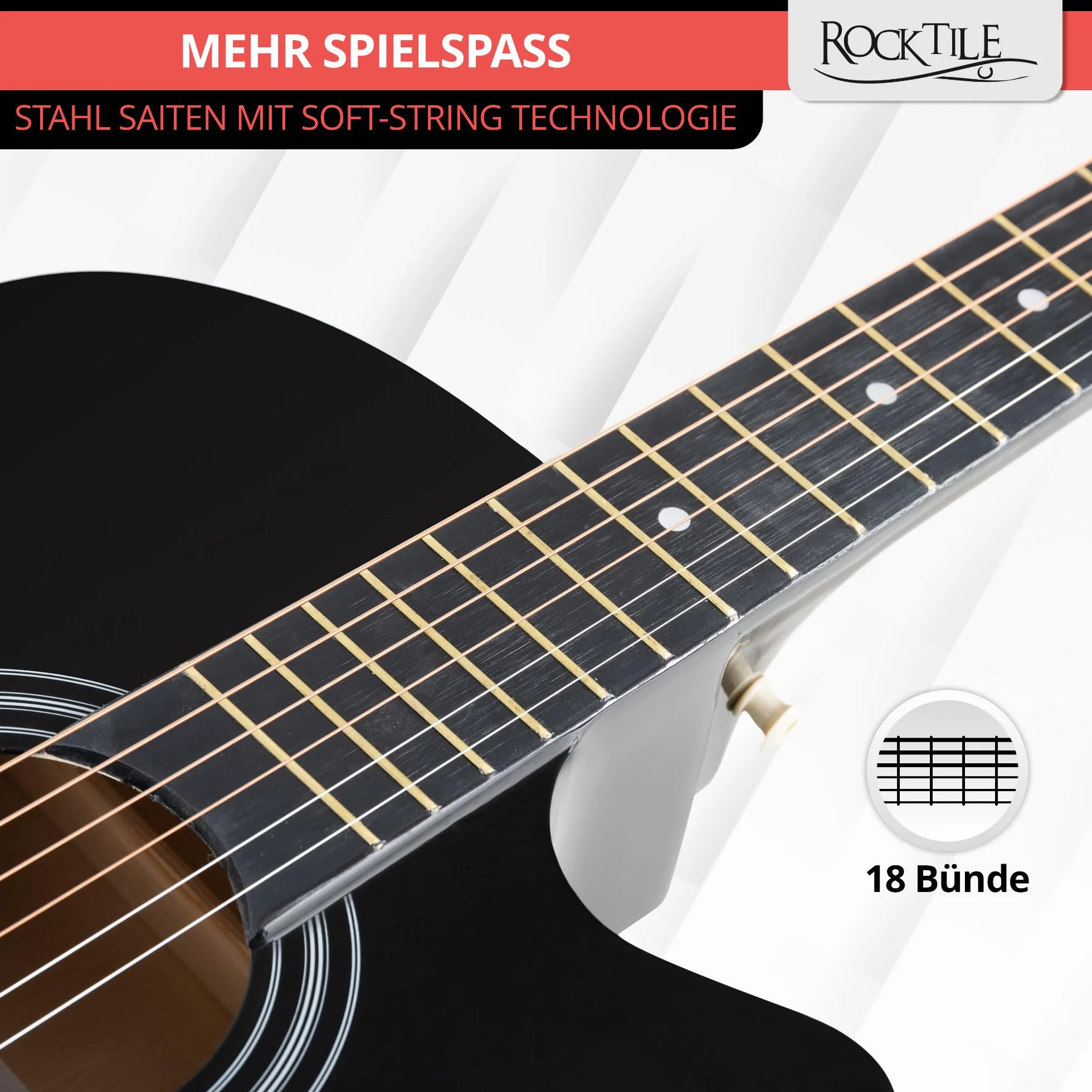 Rocktile WSD-5C-BK Slim Line zestaw gitar westernowych, gitara akustyczna Dreadnought - gitara westernowa z korpusem z lipy - szyja: Catalpa - zestaw z torbą, strunami zapasowymi, paskiem i kostkami