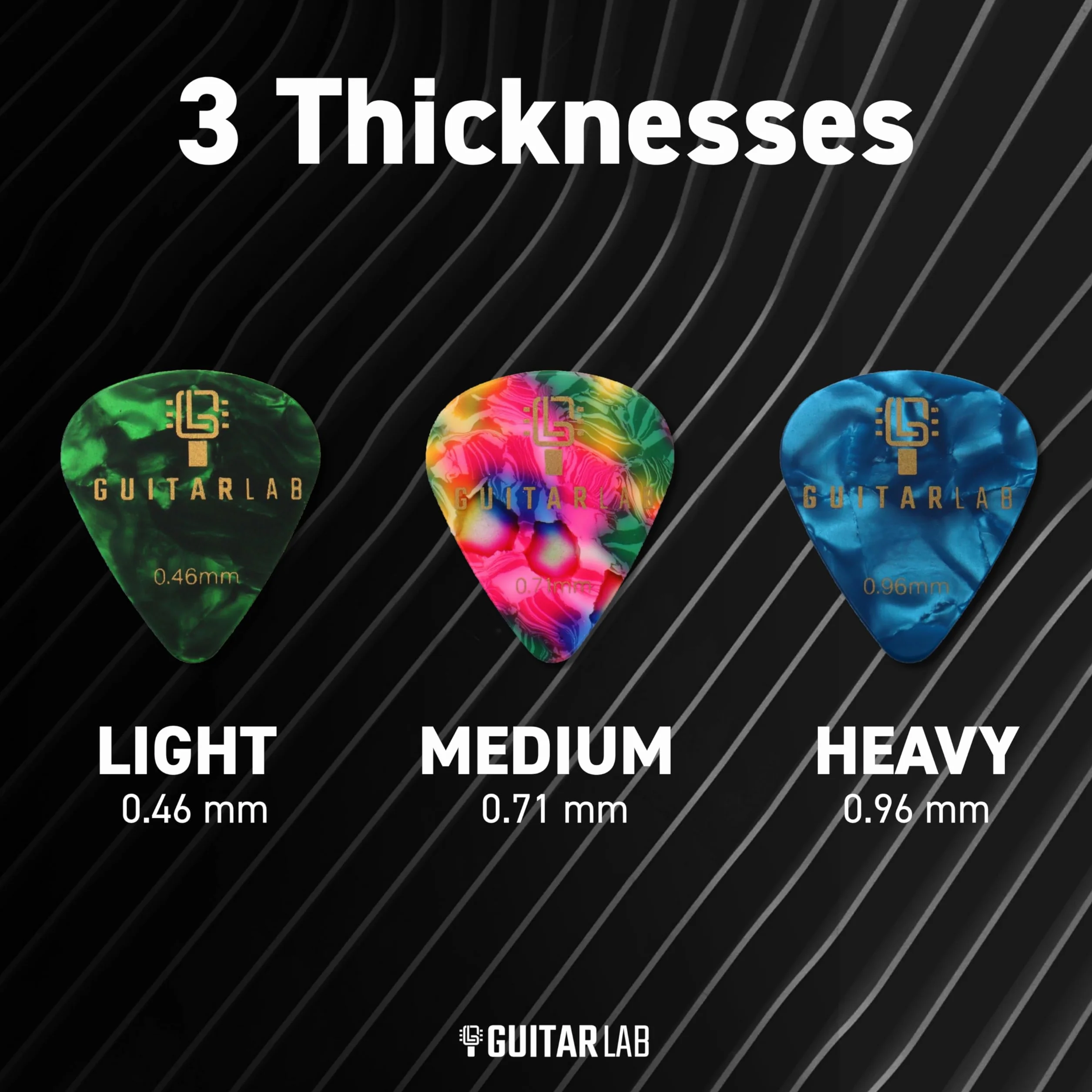 Puszka na kostki do gitary, prezent, od Guitar Lab, akcesoria do gitary, plektron celuloidowy do gitary elektrycznej, akustycznej, basowej lub ukulele, 18 szt. 0,46 mm, 0,71 mm i 0,96 mm