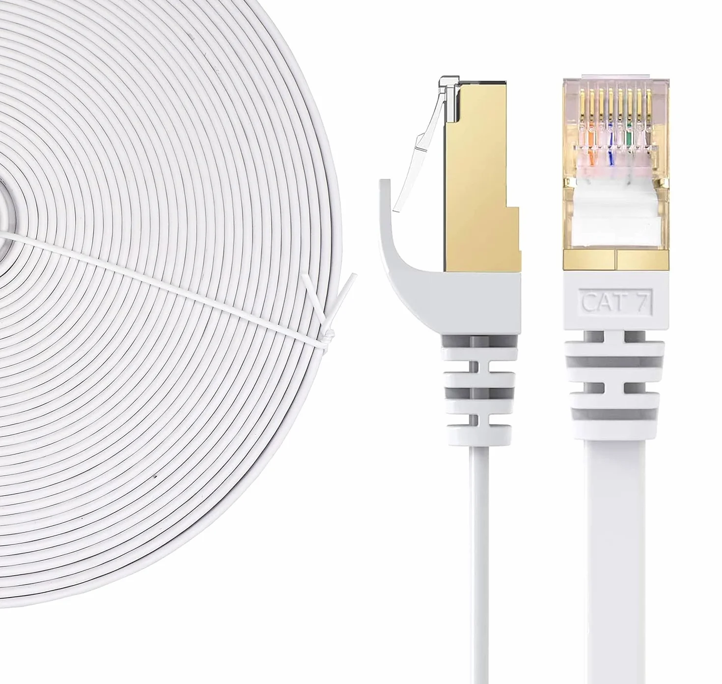 Elfcam® Kabel Ethernet Cat 7 o długości 15 metrów, płaski kabel RJ45 LAN, szybki internetowy kabel do transmisji danych, 100% miedź, STP, 32 AWG, biały