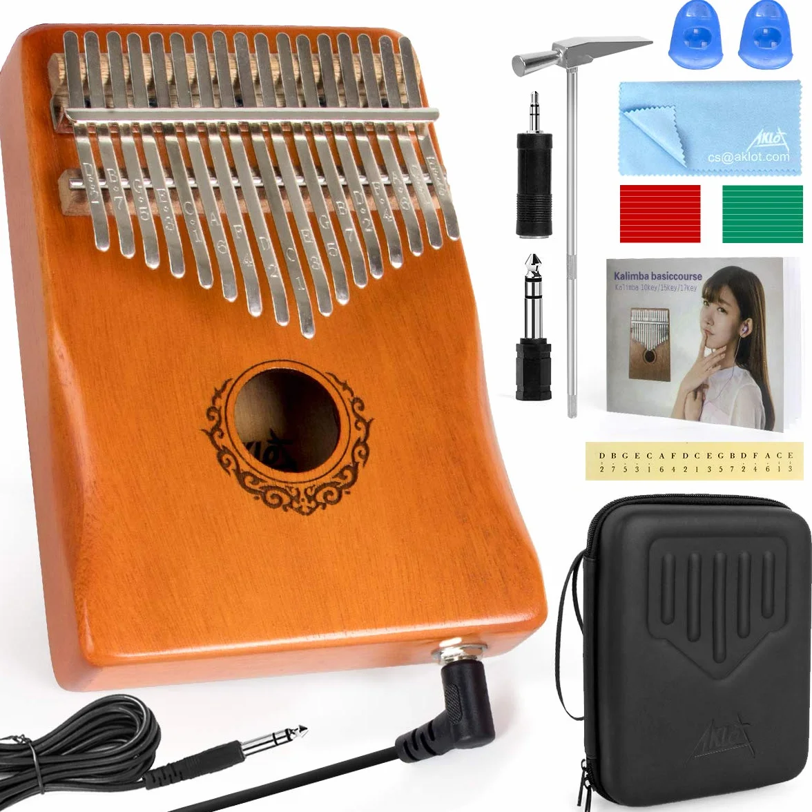 AKLOT Kalimba elektryczna 17 klawiszy EQ z wbudowanym pickup, zestaw startowy