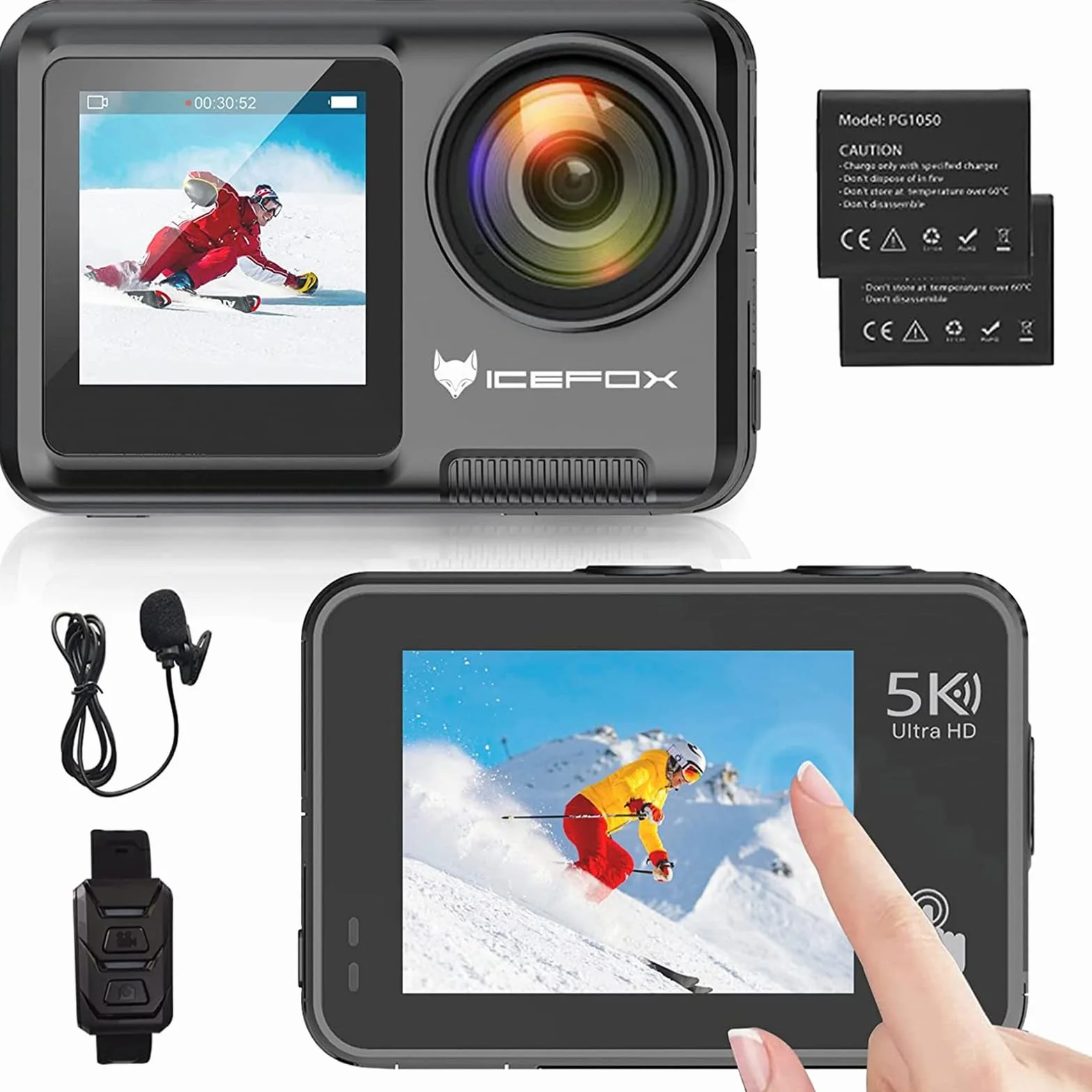 icefox Kamera Sportowa 5K 30FPS 20MP z ekranem dotykowym, EIS Regulowany kąt widzenia 4X Zoom, 30M WiFi wodoodporna kamera z zewnętrznym mikrofonem i akcesoriów