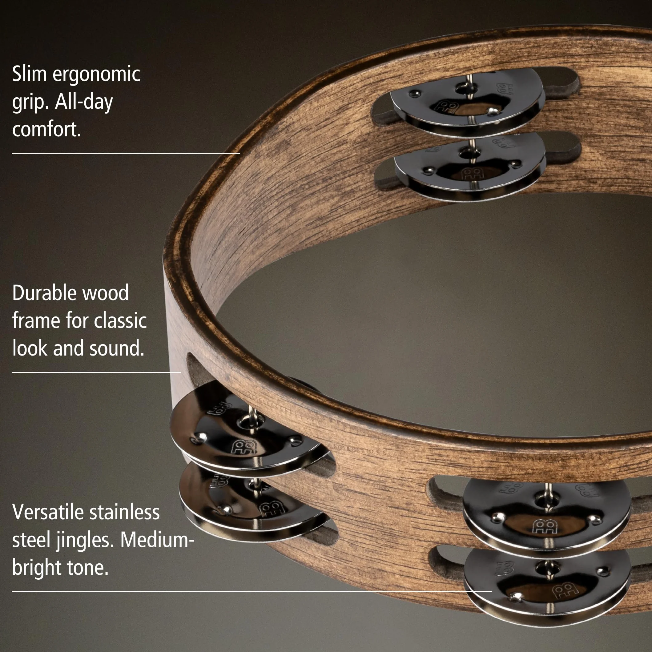Meinl Percussion Compact Wood Tamborine - 2-rzędowy tamburyn - średnica 20 cm - dąb Siam/stal, orzech brązowy/naturalny (CTA2WB)