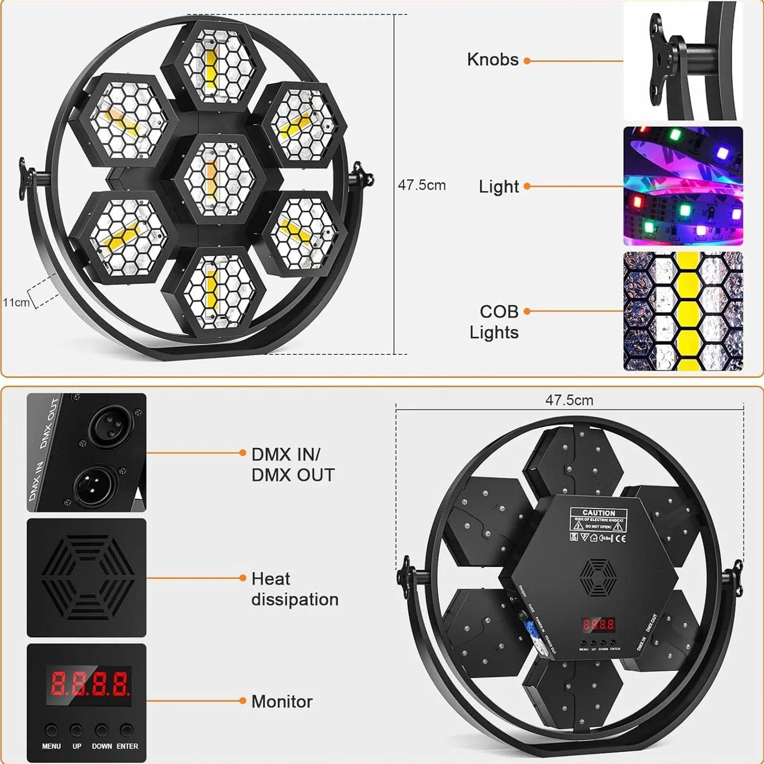 Sześciokątne retro lampy sceniczne COB o mocy 7X50 W, profesjonalne lampy sceniczne w stylu retro, oświetlenie z efektem matrycowym 63 * RGBW + 7 * COB, sterowanie DMX na scenach Wesele.