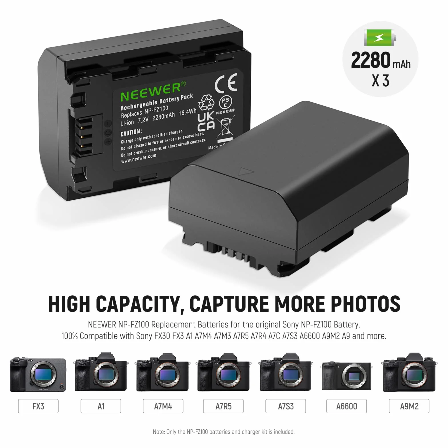 NEEWER NP-FZ100 Wymienna bateria i ładowarka, zestaw 3 szt. 2280 mAh NP-FZ100 i ładowarka USB z potrójną szczeliną, kompatybilna z Sony A1, A9, A9 II, A7R IV, A7S III, A7 III, A7 IV, A6600, A7C