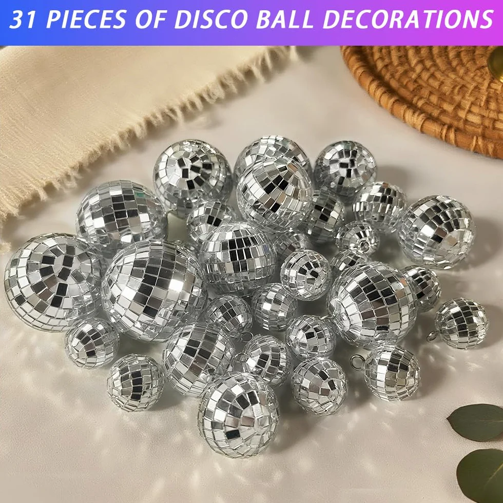30 sztuk kul lustrzanych disco, zestaw kul dyskotekowych, srebrne wiszące kule, małe mini kule lustrzane, srebrne kule lustrzane, mirrorball, dekoracyjne kule dyskotekowe, klasyczne kule