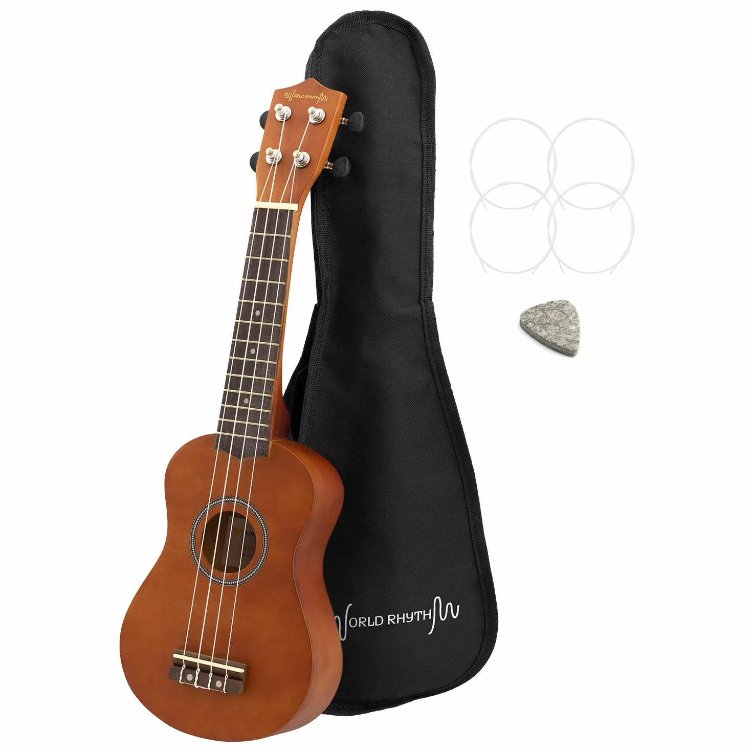 Światowy rytm ukulele sopranowe - początkujący sopran w naturalnym wykończeniu z torbą, zapasowe struny ukulele i filcowa kostka