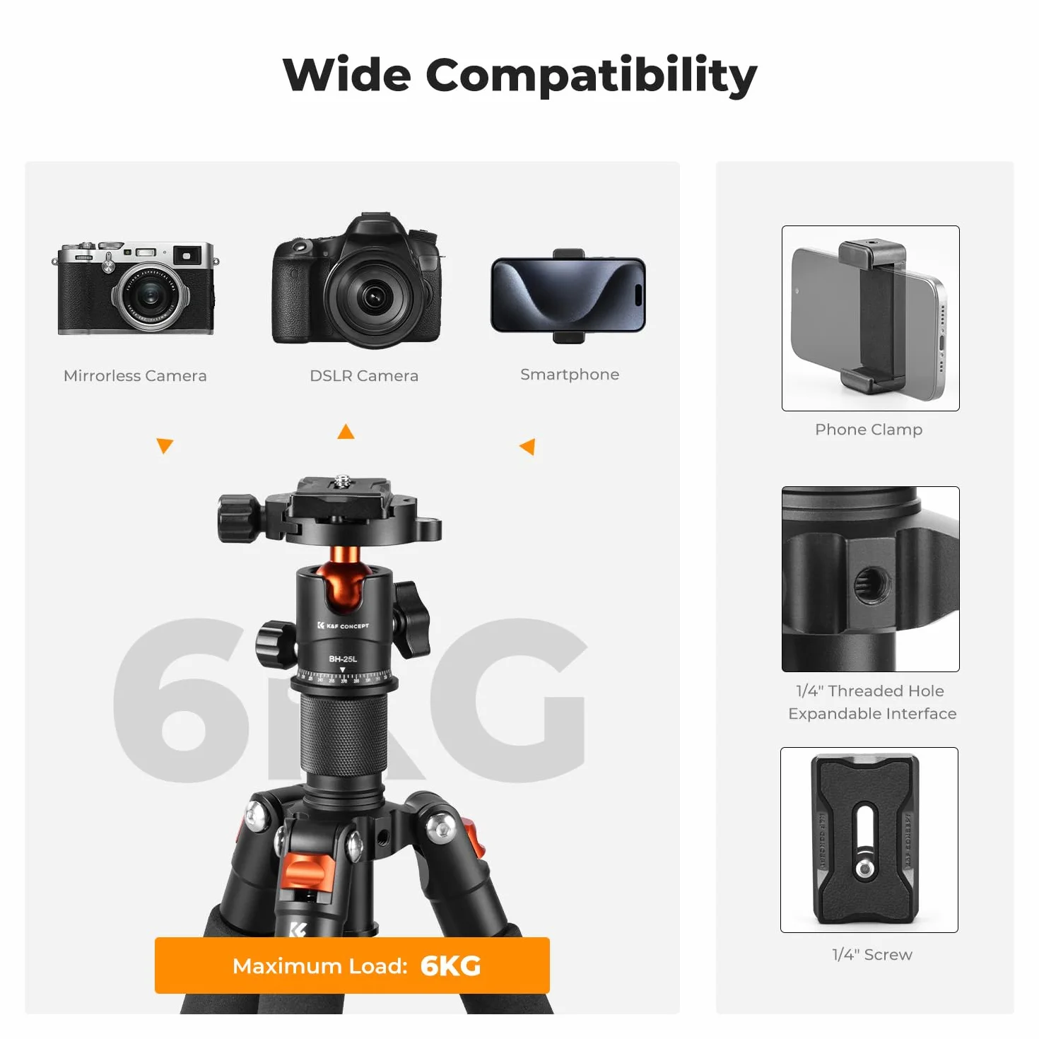 K&F Concept Mini statyw biurkowy, kompaktowy statyw biurkowy 52 cm z głowicą kulową 360°, płytka szybkiego zwalniania 1/4'' do kamery wideo, obciążenie do 6 kg