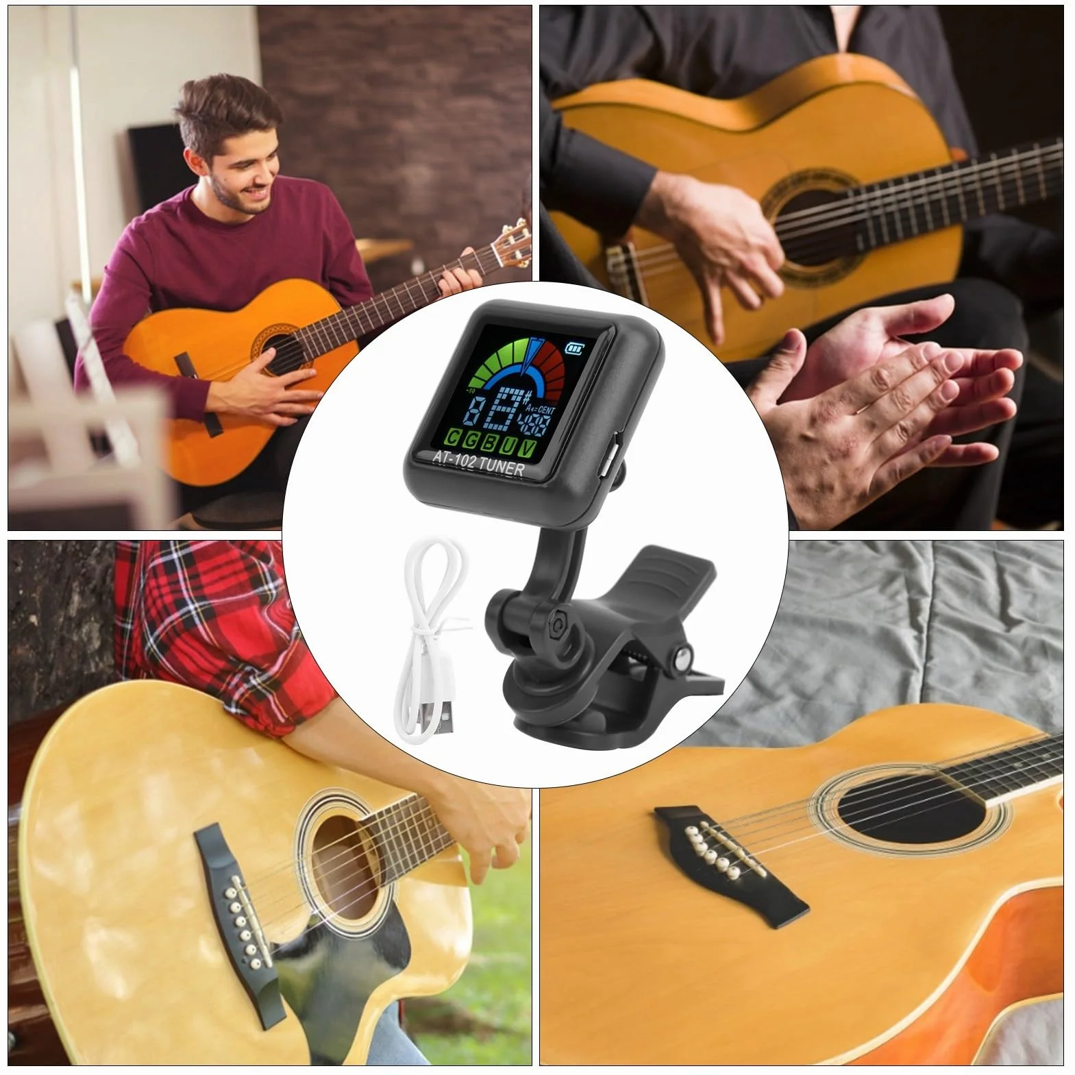 Clip-On Guitar Tuner USB Rechargeable Headstock Tuner Electric Guitar Tuner for Violin Ukulele Tuner AT‑102 with Color Screen(AT-102 Black)