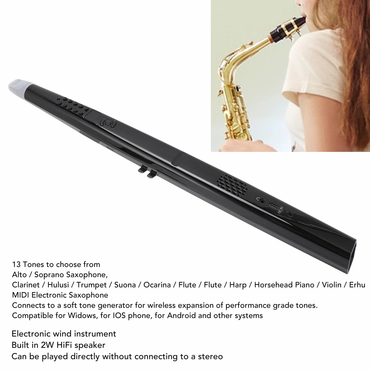 Saksofon Elektroniczny MIDI, Cyfrowy Zestaw Instrumentów Dętych, Wsparcie 13 Tonów, Regulowana głośność, 3 czułość Nadmuchu, Mini Cyfrowy Elektroniczny Instrument Dęty dla