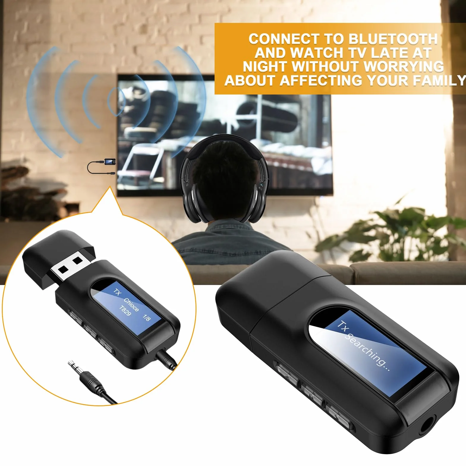 Adapter Bluetooth Audio: 2 w 1 USB Bluetooth 5.0 adapter do telewizora, nadajnika audio, odbiornika z ekranem LCD i jack 3,5 mm, niewielkie opóźnienie transmiter Bluetooth do komputera, słuchawek,