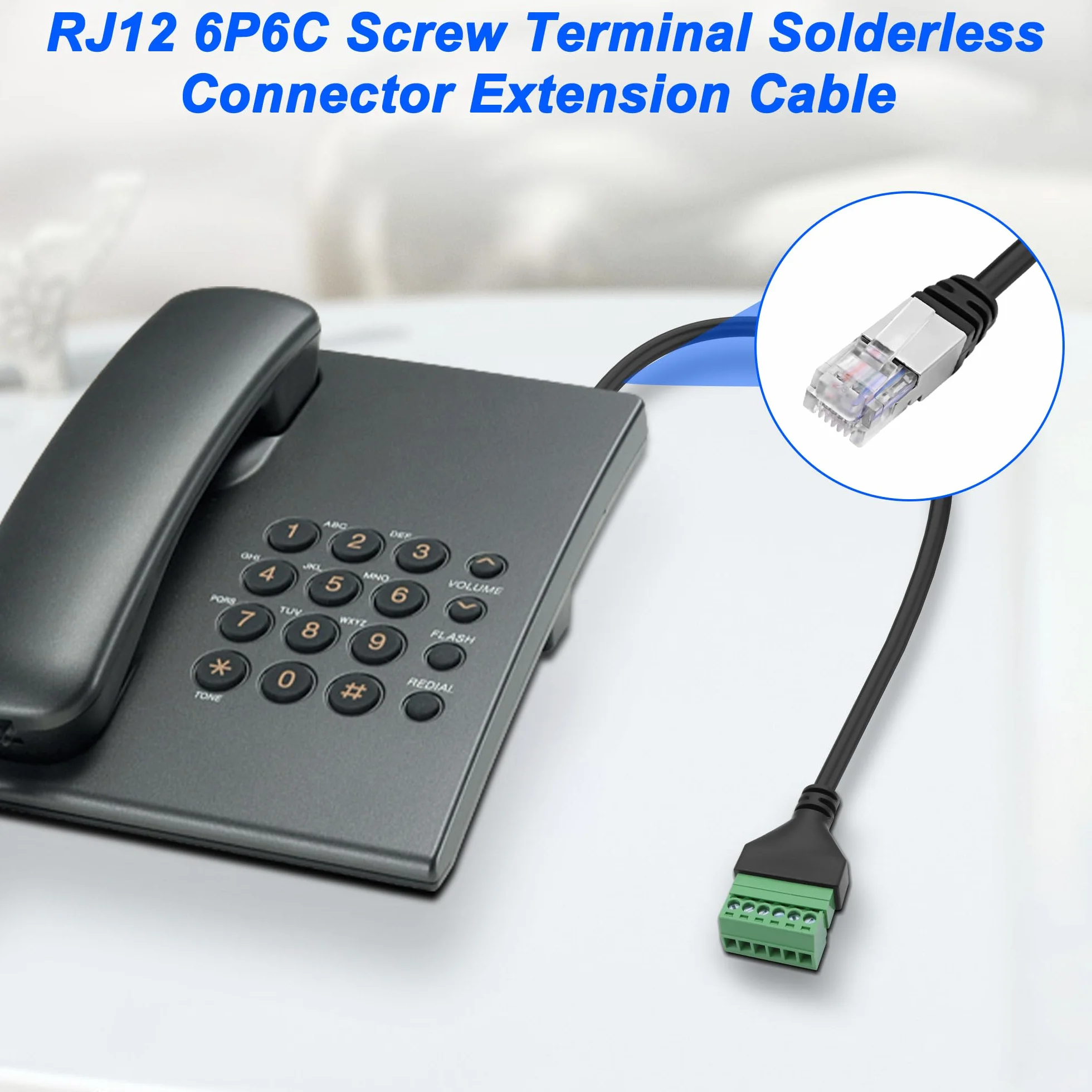 XMSJSIJ rj12 zacisk śrubowy na 6-pinowy, bezlutowy adapter, kabel przedłużający, wtyczka na 6-pinowy, przedłużacz do telefonu stacjonarnego, 2 szt