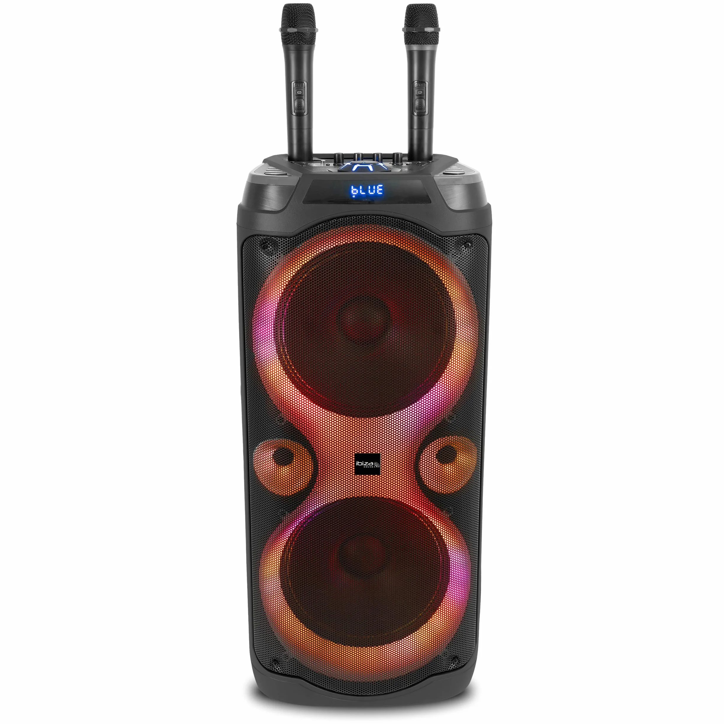 Ibiza - COLUMBA-KARAOKE - Głośnik Bluetooth KARAOKE z 2 mikrofonami bezprzewodowymi - Zmieniacz głosu, oświetlenie LED, funkcja Talkover i Rec - Wieczory Karaoke