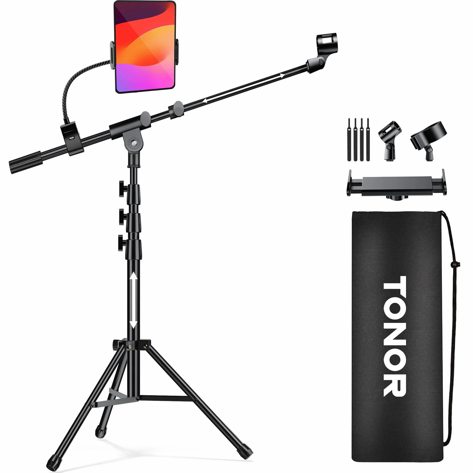 TONOR Statyw Mikrofonowy z Uchwytem na Tablet, Stojące Ramię Statywu z Regulacją Wysokości i Kąta Nachylenia, Klipsem na Telefon Komórkowy i Podkładkę, Odpowiedni do Większości Mikrofonów