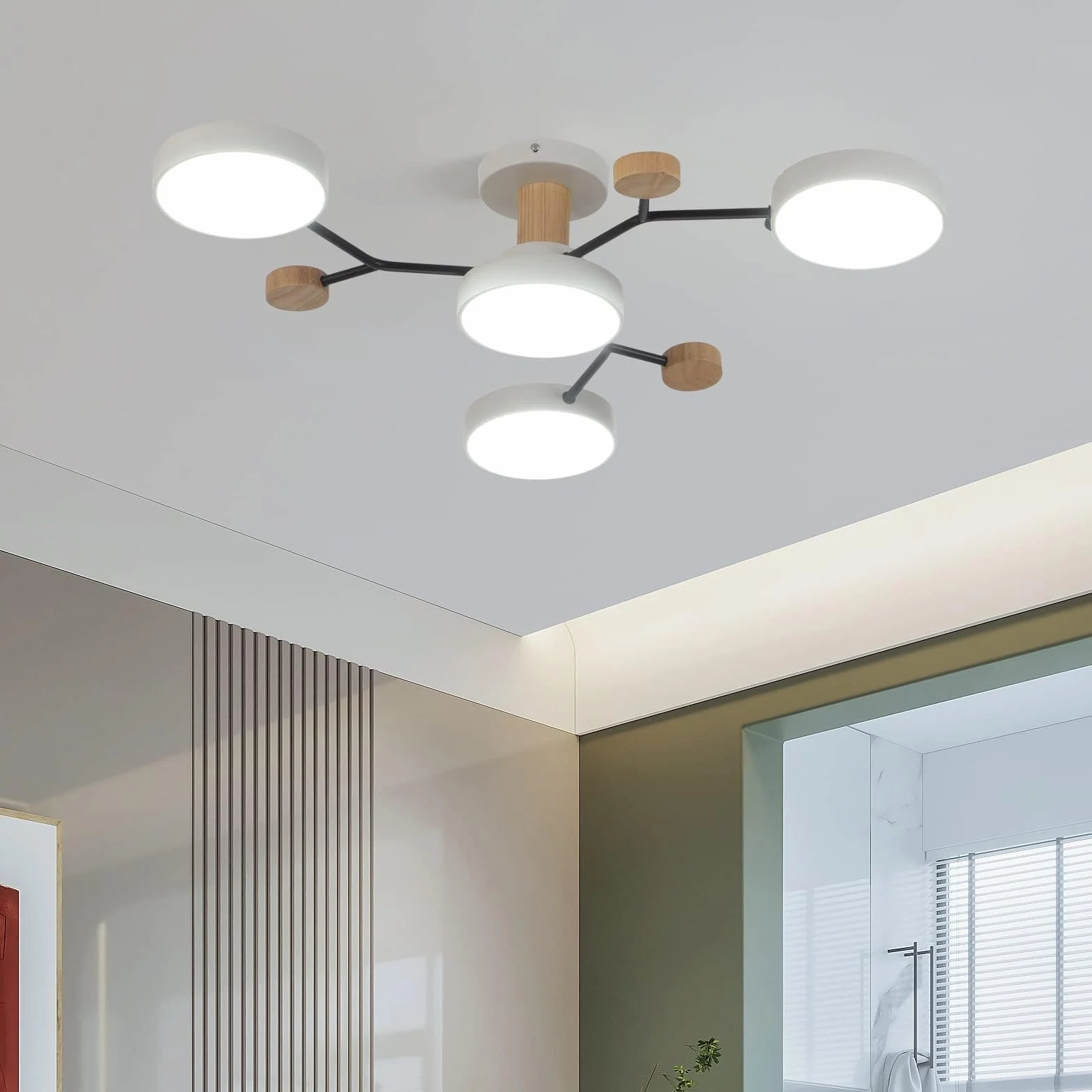4 głowice oświetlenie sufitowe LED, 36W ciepła biel 3000K, żyrandol sufitowy z dekorem z drewna ﾘ66cm do salonu kuchnia jadalnia biuro domowe pokój dziecięcy