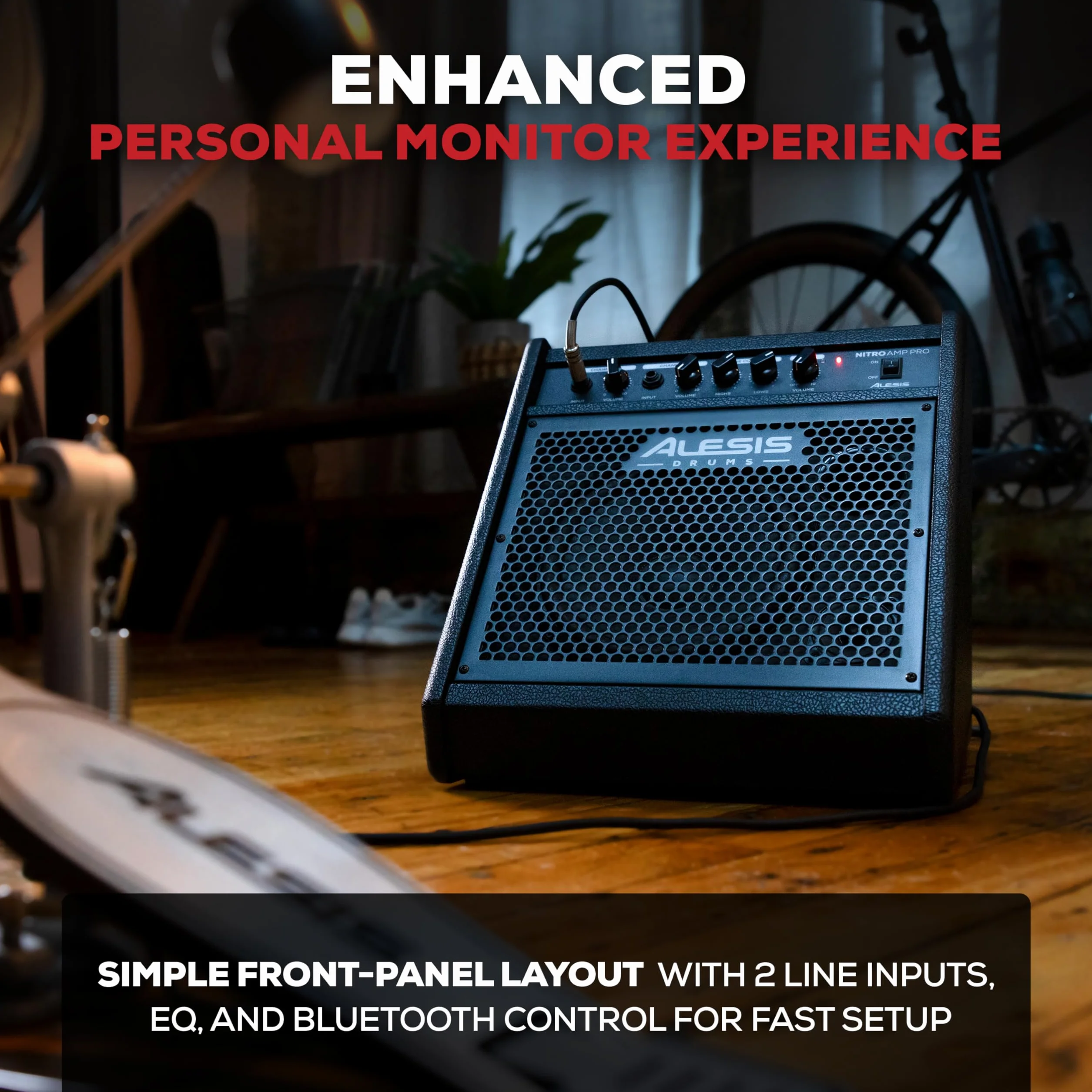 Alesis Nitro Amp Pro 80 W - Kompaktowy Głośnik Podłogowy do Perkusji Elektronicznej, z Bluetooth, Głośnikiem Niskotonowym 8″, EQ, Dodatkowym Wejściem Liniowym, Uniwersalna Kompatybilność zestawu E-Kit