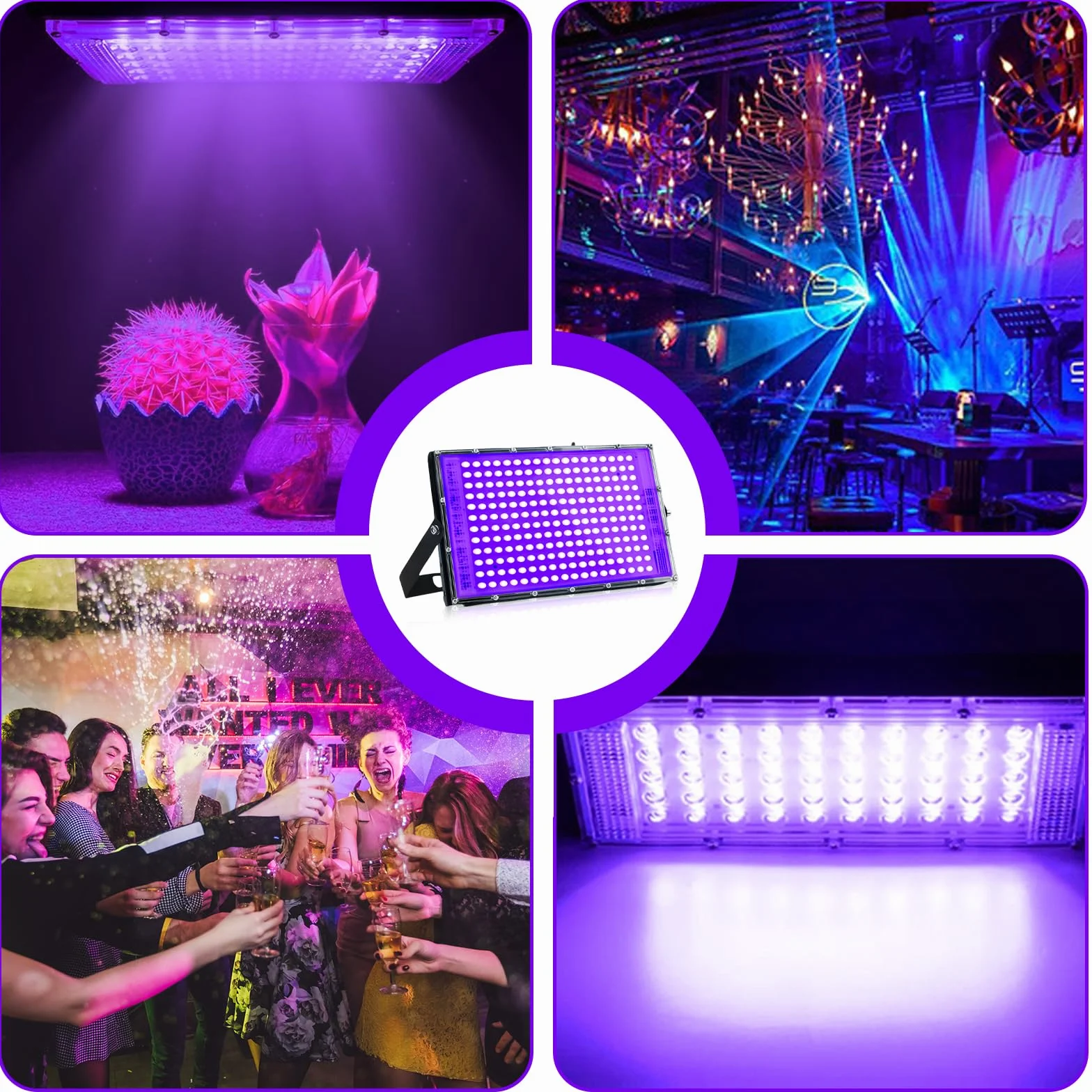 BAIFULAI Reflektor UV z czarnym światłem 200 W, 216 diod LED, klasa wodoszczelności IP65, czarne światło z wtyczką, na dyskotekę, imprezę, oświetlenie sceniczne, dekoracja Halloween, akcesoria