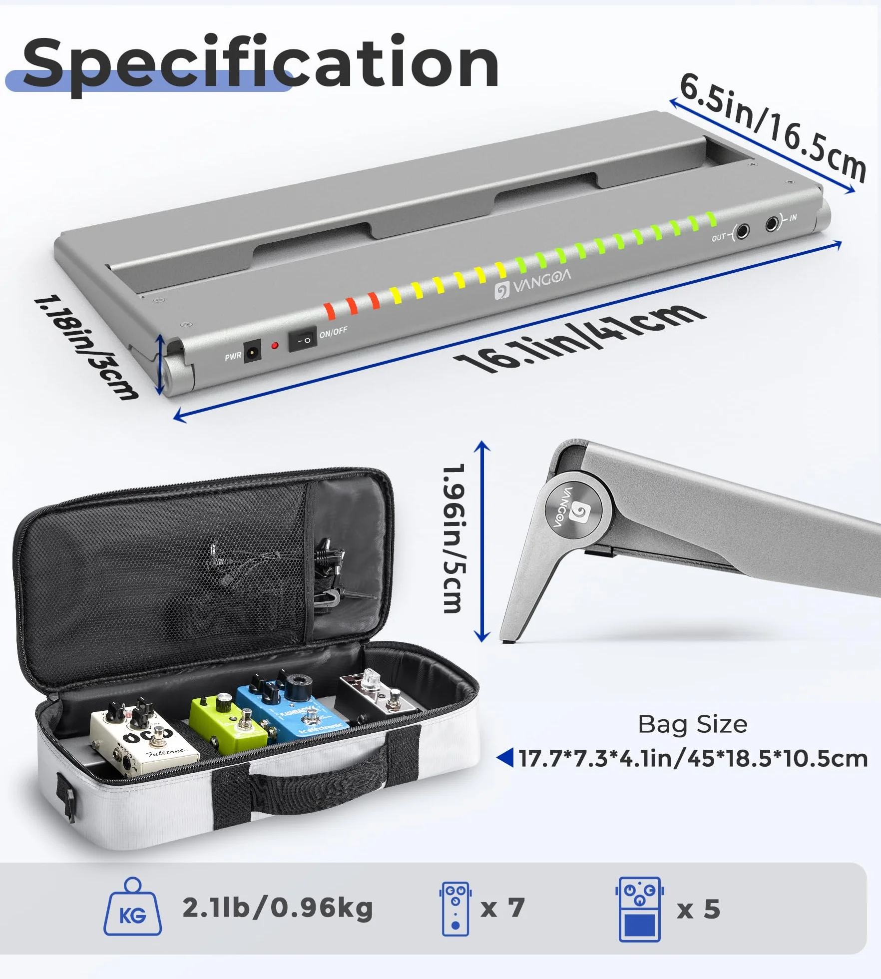 Vangoa do gitary elektrycznej z izolowanym zasilaczem, wejście 8 x 9 V, stop aluminium 1,3 kg, lekki pedalboard z torbą do przenoszenia, srebrna