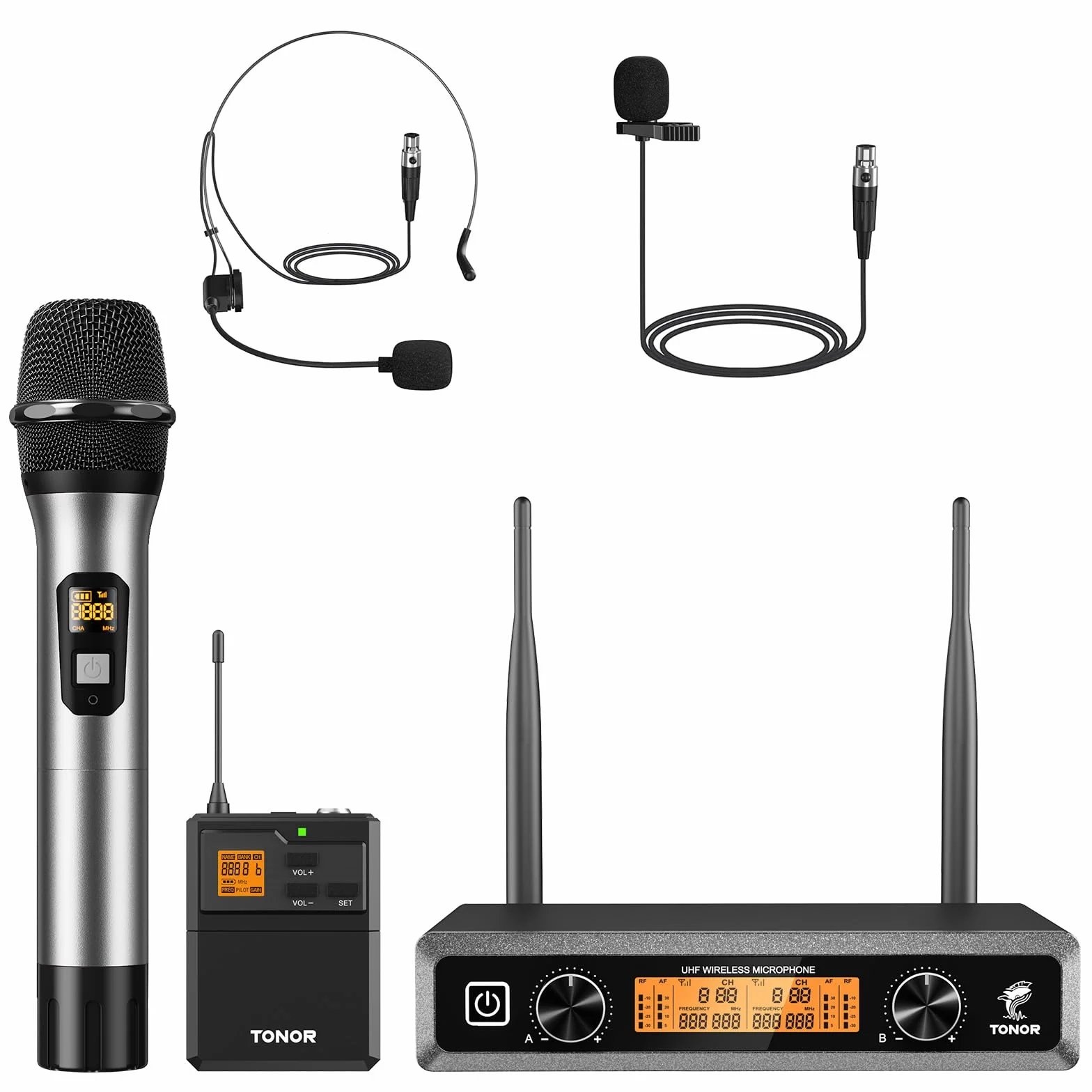 TONOR System mikrofonów bezprzewodowych, UHF z metalowym bezprzewodowym zestawem ręcznym/słuchawkowym/mikrofony klapy Lavalier, nadajnik Bodypack, odbiornik