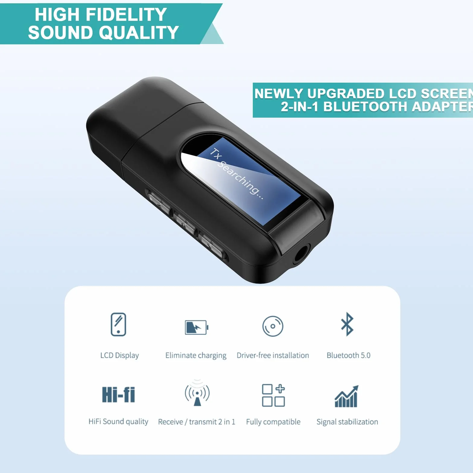 Adapter Bluetooth Audio: 2 w 1 USB Bluetooth 5.0 adapter do telewizora, nadajnika audio, odbiornika z ekranem LCD i jack 3,5 mm, niewielkie opóźnienie transmiter Bluetooth do komputera, słuchawek,