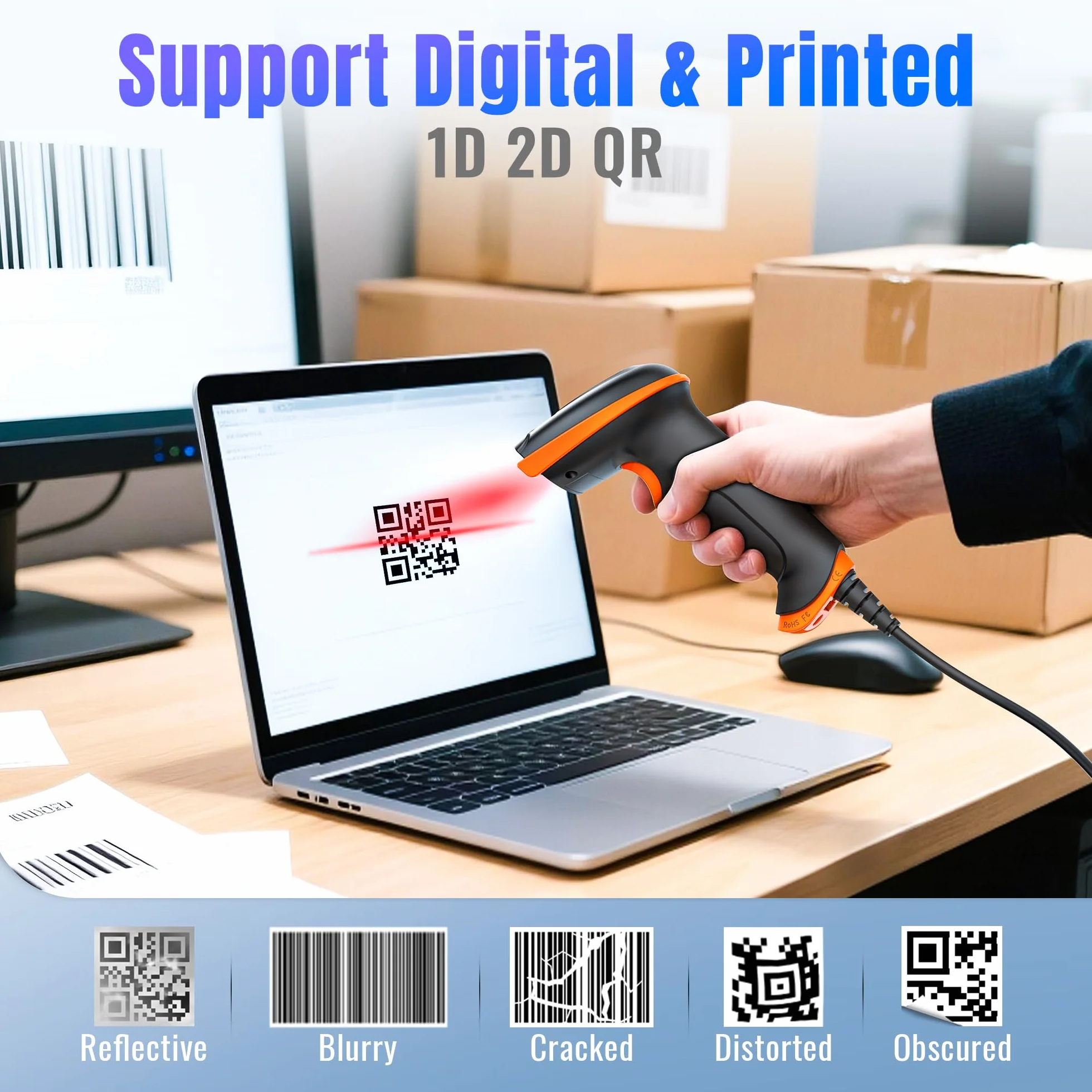 Tera 1D 2D QR skaner kodów kreskowych USB, przewodowy ręczny skaner 1D 2D QR Data Matrix PDF417 1D kod kreskowy CMOS czytnik kodów kreskowych Plug and Play, D5100Y