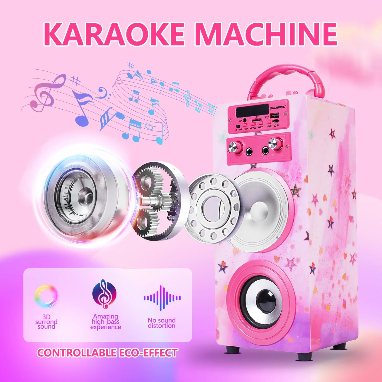 DYNASONIC Przenośna maszyna do karaoke, 2 mikrofony, głośnik Bluetooth, światła, czytnik USB i SD, prezent dla dzieci w wieku 5-13 lat (025-15 LIGHTS)