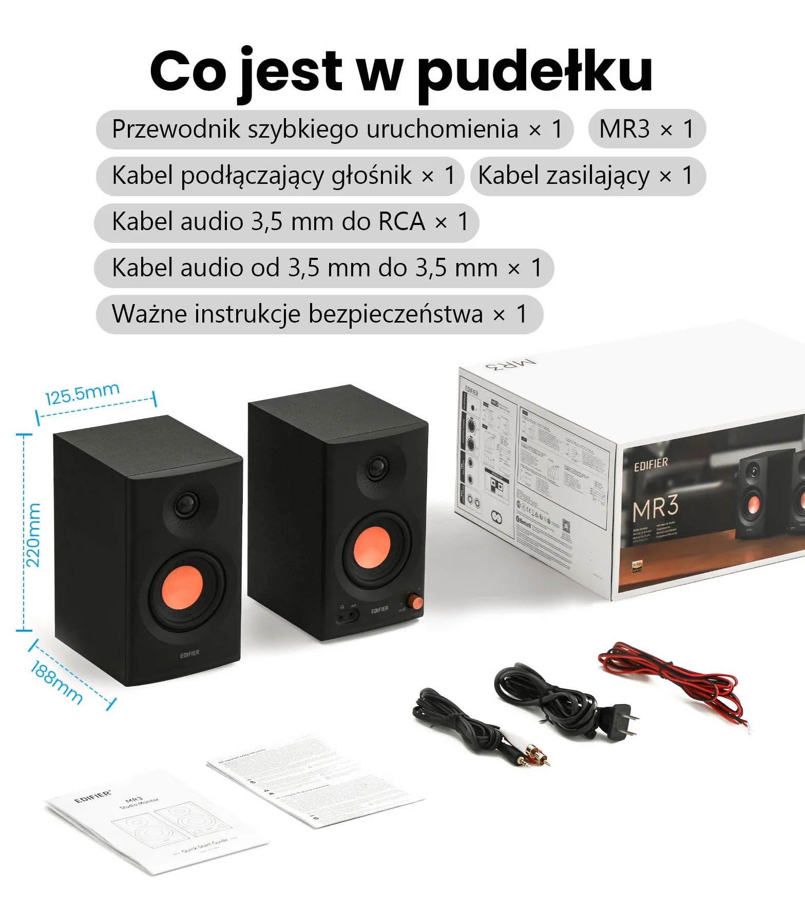 Edifier MR3 - Kompaktowe głośniki Studio 2.0, Hi-Res Audio, Bluetooth V5.4, sterowanie fizyczne, RCA, AUX, aplikacja mobilna, 2x18W, czarny