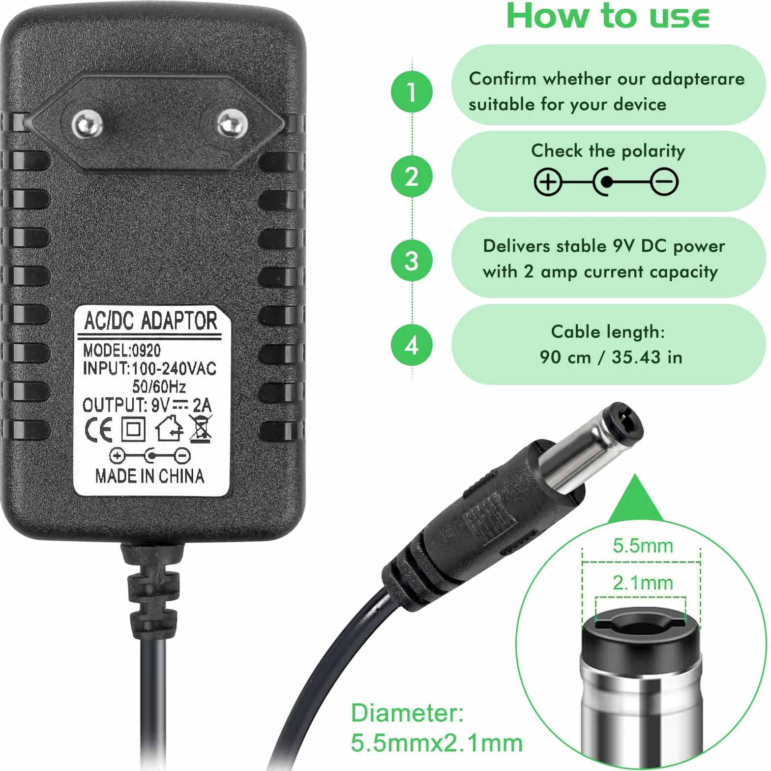 9 V DC, 9 V, 9 V, gitarowy, 9 V, 2000 mA. Kabel do ładowania klawiatury fortepianowej, efektów gitarowych, średnio ujemna elektroda