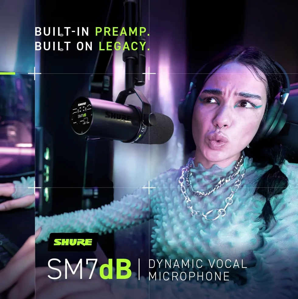 Shure SM7dB Dynamiczny mikrofon wokalowy do transmisji, podcastów i nagrywania, szeroki zakres częstotliwości, ciepły i gładki dźwięk, solidna konstrukcja, zdejmowana osłona przeciwwietrzna - czarny