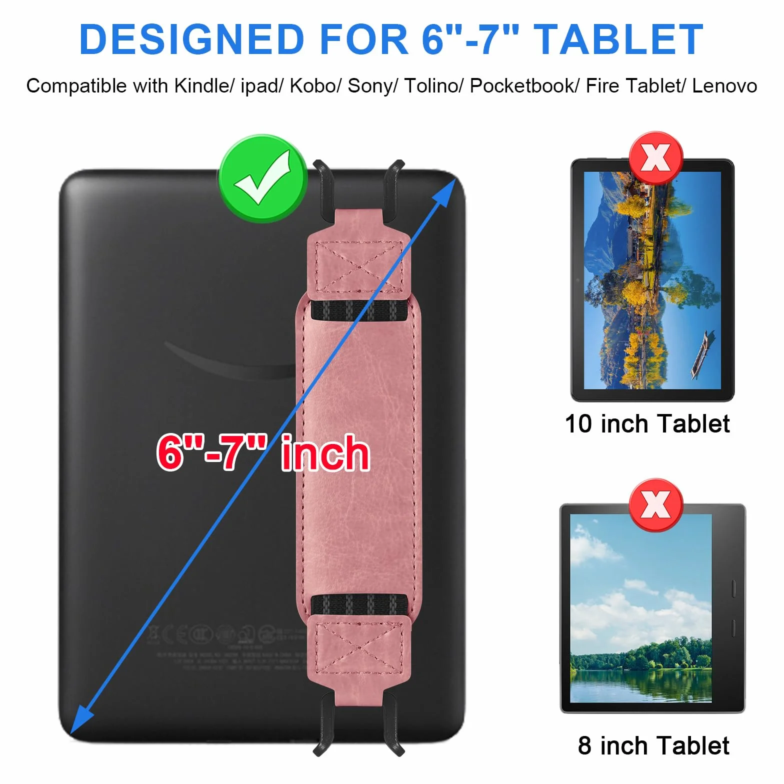 HoYiXi Uniwersalny miękki pasek na rękę do 6-7 calowego czytnika e-booków/tabletu, kompatybilny z Kobo/PocketBook/Tolino/Sony/Paperwhite/Nook, pasek na rękę o wysokiej elastyczności do tabletu, różowy