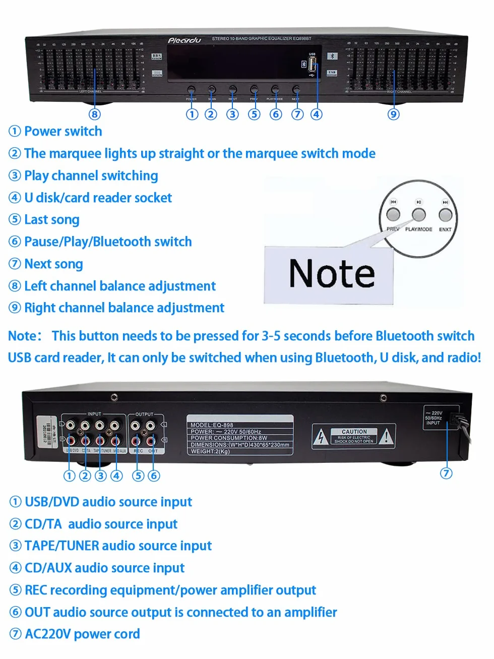 Toplionace 220V HIFI Cyfrowy Korektor Stereo HD EQ898 Wbudowany Przedwzmacniacz USB Bluetooth 10 Segmentowy Czarny