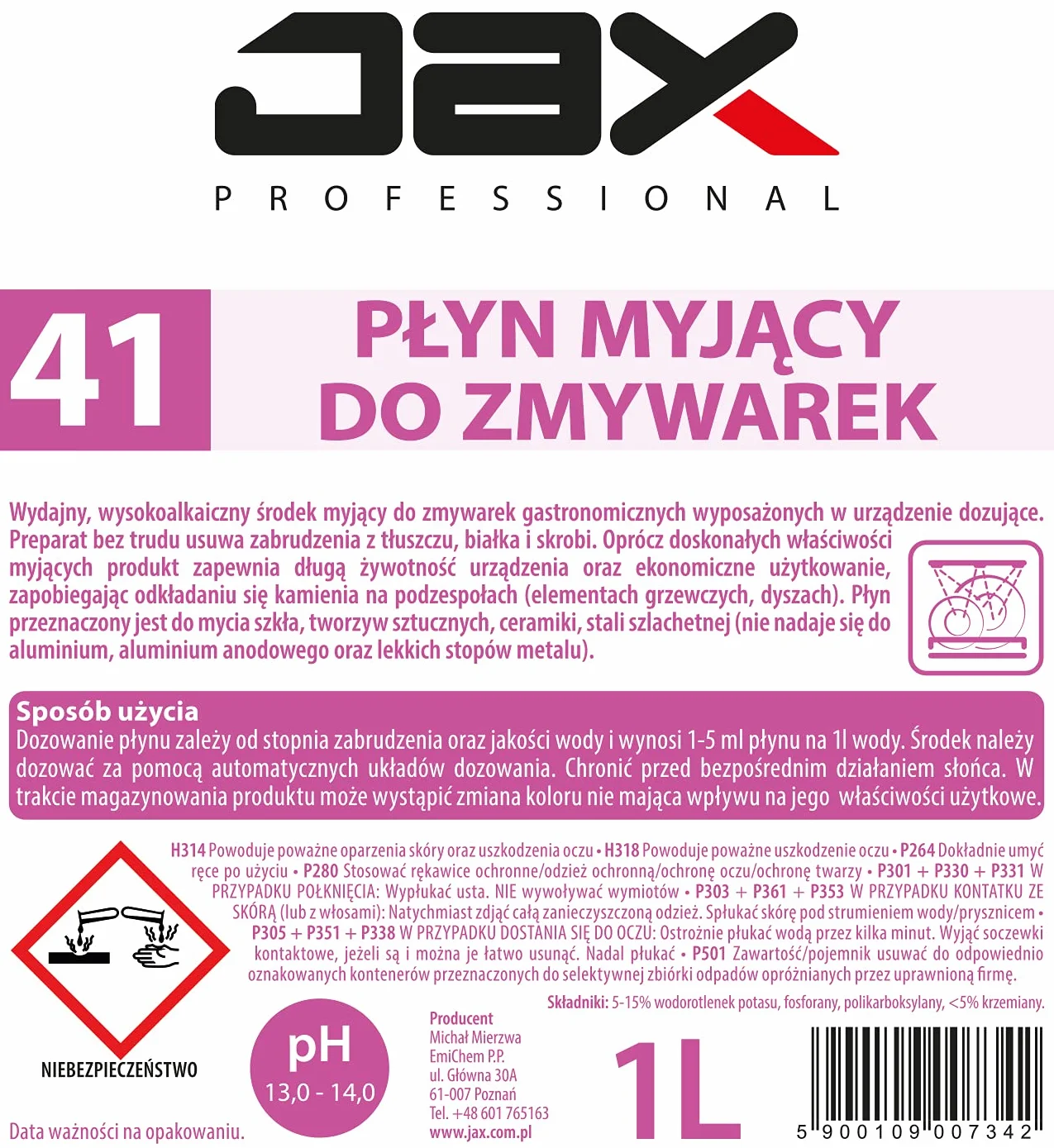 41 1L - PŁYN MYJĄCY DO ZMYWAREK usuwa zabrudzenia z tłuszczu, białka i skrobi, do mycia szkła, ceramiki, mycia tworzyw sztucznych, stali szlachetnej