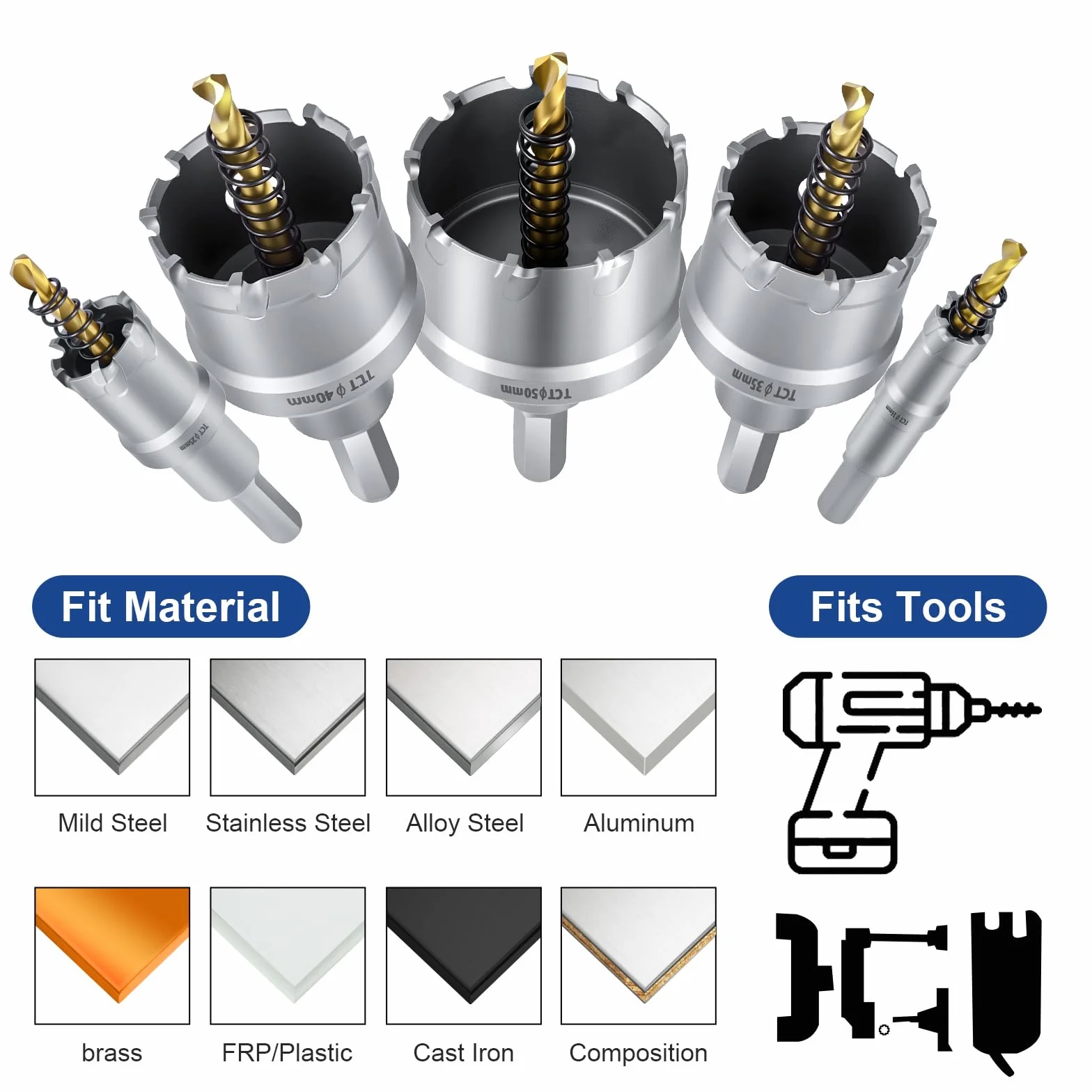 Flintronic Otwornica Ø 40 mm, wiertło z twardego metalu, otwornica TCT, otwornica bimetalowa, 2 ziarna, zestaw do metalu, stali nierdzewnej, stopu aluminium, tworzywa sztucznego i drewna