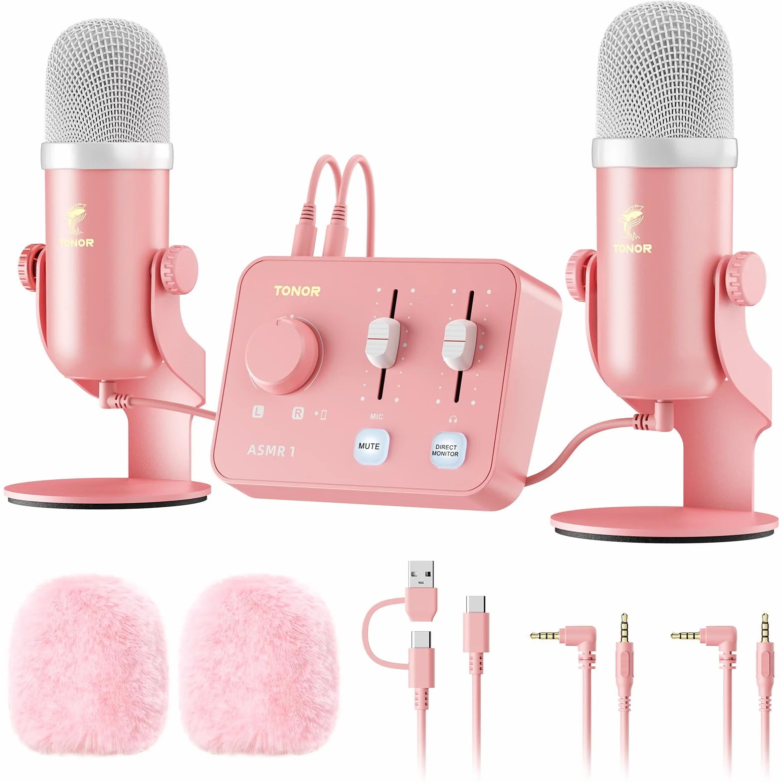 TONOR ASMR z Interfejsem Audio, Mikrofon USB z Podwójnym Kondensatorem, 192kHz, Dźwięk 3D, Czysty Dźwięk, Regulacja Głośności, Mikser, do Nagrywania i Tworzenia Treści – Różowy