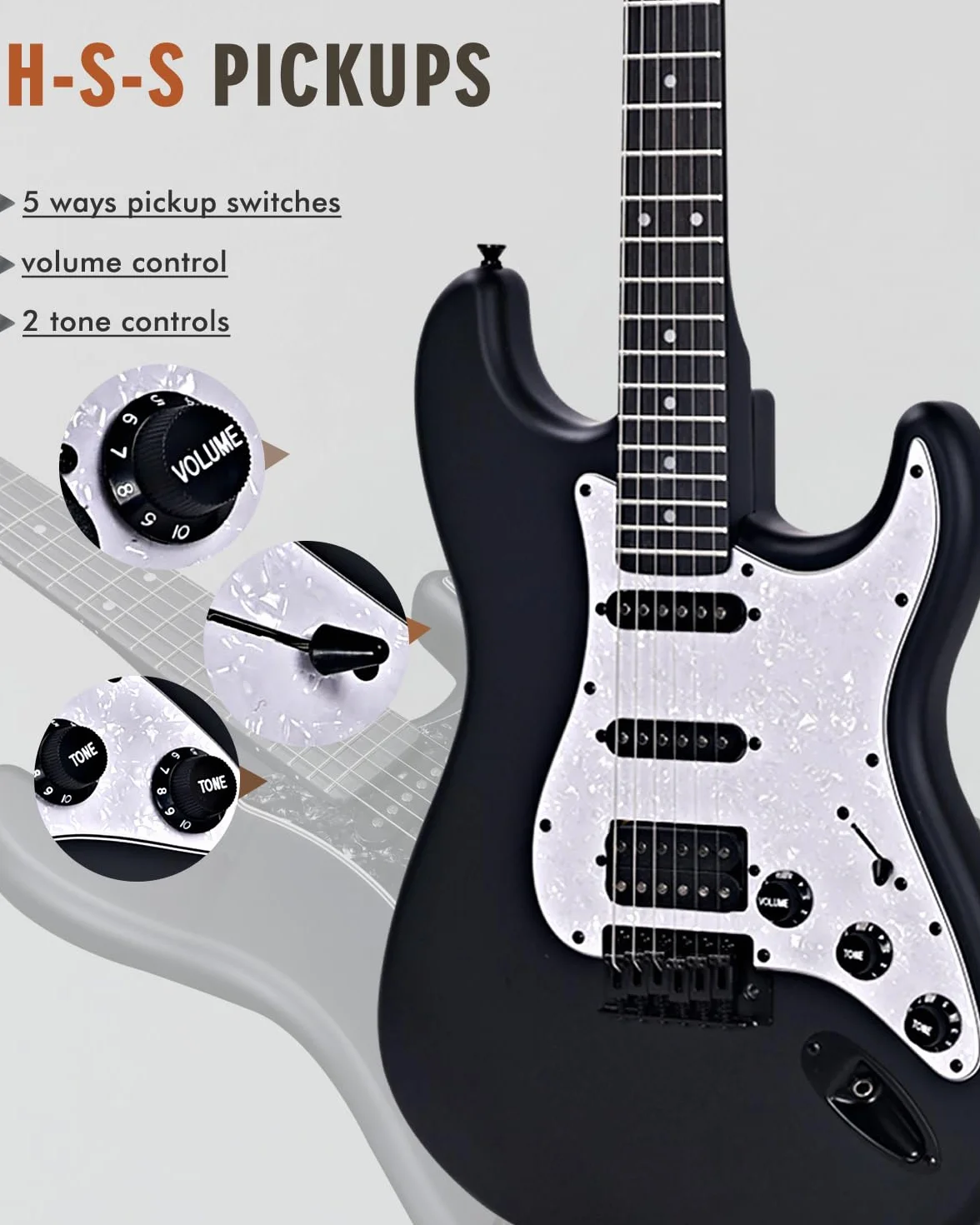 Winzz Gitara elektryczna 4/4 dla dorosłych, ST HSS, zestaw dla początkujących z 12 akcesoriami, dla dzieci 12+ lat (99,1 cm, czarny matowy, biała płytka ochronna)