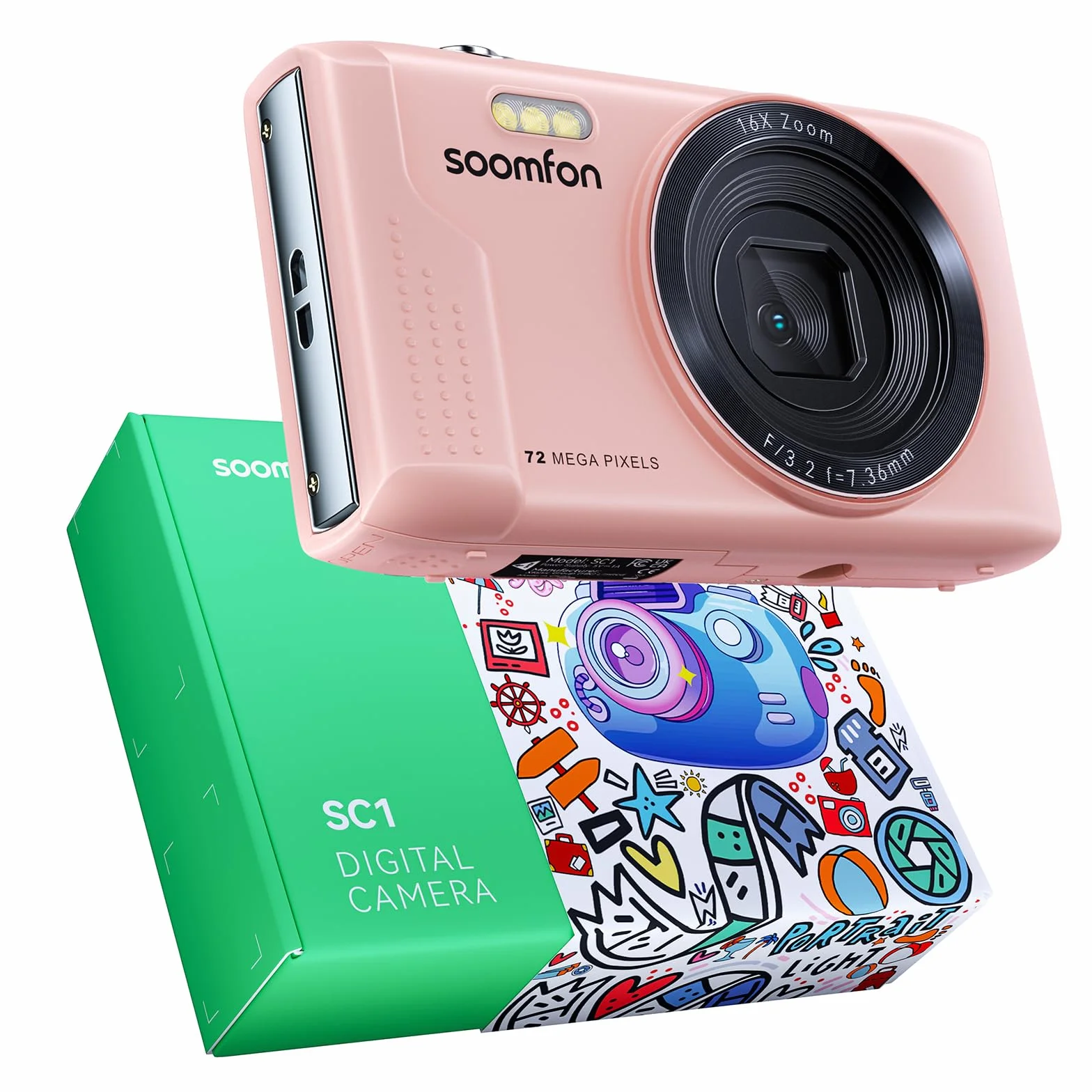 SOOMFON 72MP Aparat cyfrowy, aparat fotograficzny z 16-krotnym zoomem z kartą TF 32 GB, czytnik kart & 2 x akumulatory, przenośny aparat fotograficzny w stylu vintage z 7,1-centymetrowym ekranem, dla