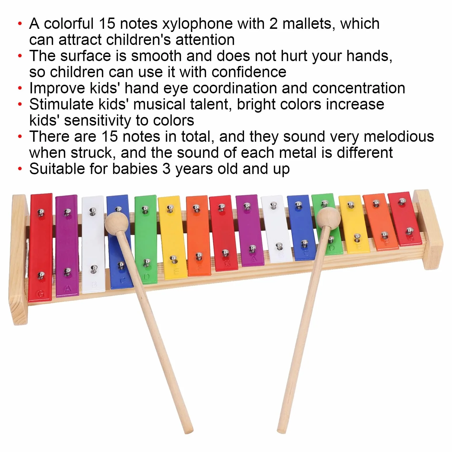 VGEBY 15 nut ksylofon, 15 kluczowych notatek ksylofonowych edukacyjnych glockenspiel instrument ksylofonowy z 2 młotkami dla dzieci