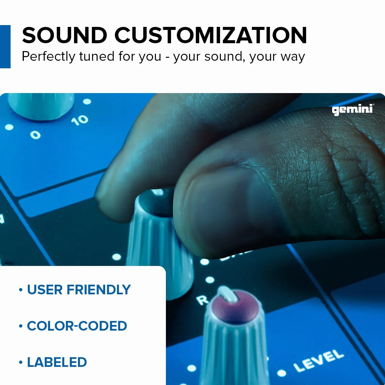 Gemini Sound Gem-05USB – kompaktowy 5-kanałowy mikser analogowy zawierający kanał mikrofonowy o niskim poziomie szumów, 2-pasmowy korektor, odtwarzanie USB z urządzeń USB i strumieniowanie Bluetooth