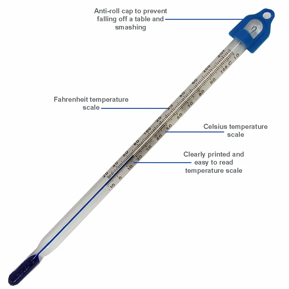 Termometr do pomiaru temperatury wody i cieczy – laboratoryjny termometr szklany, zakres od -10 do +110 °C, 155 mm, laboratorium zanurzeniowe, niebieski płyn