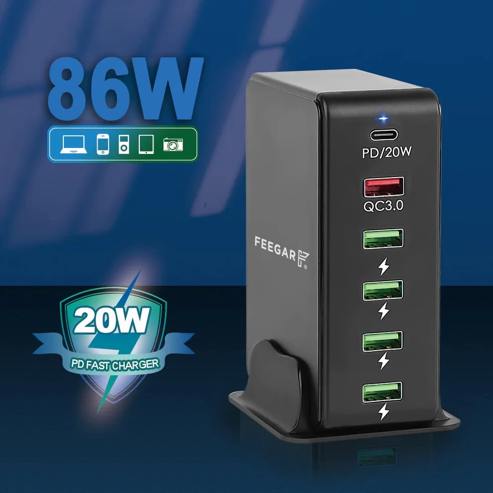 Stacja ładująca Feegar Tower 86W USB 6-portowa ładowarka sieciowa na biurko, przenośna wieloportowa ładowarka USB z 6 USB-A i USB-C PD Quick Charge QC 3.0