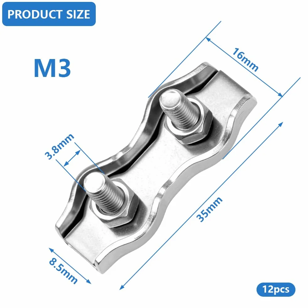 Flintronic Zacisk M3 Duplex, 12 sztuk zacisków do liny drucianej, 3 mm Duplex stal nierdzewna, zacisk linowy, łącznik linowy do liny stalowej 3 mm, linka do prania, linka leśna, linka leśna, mocowana