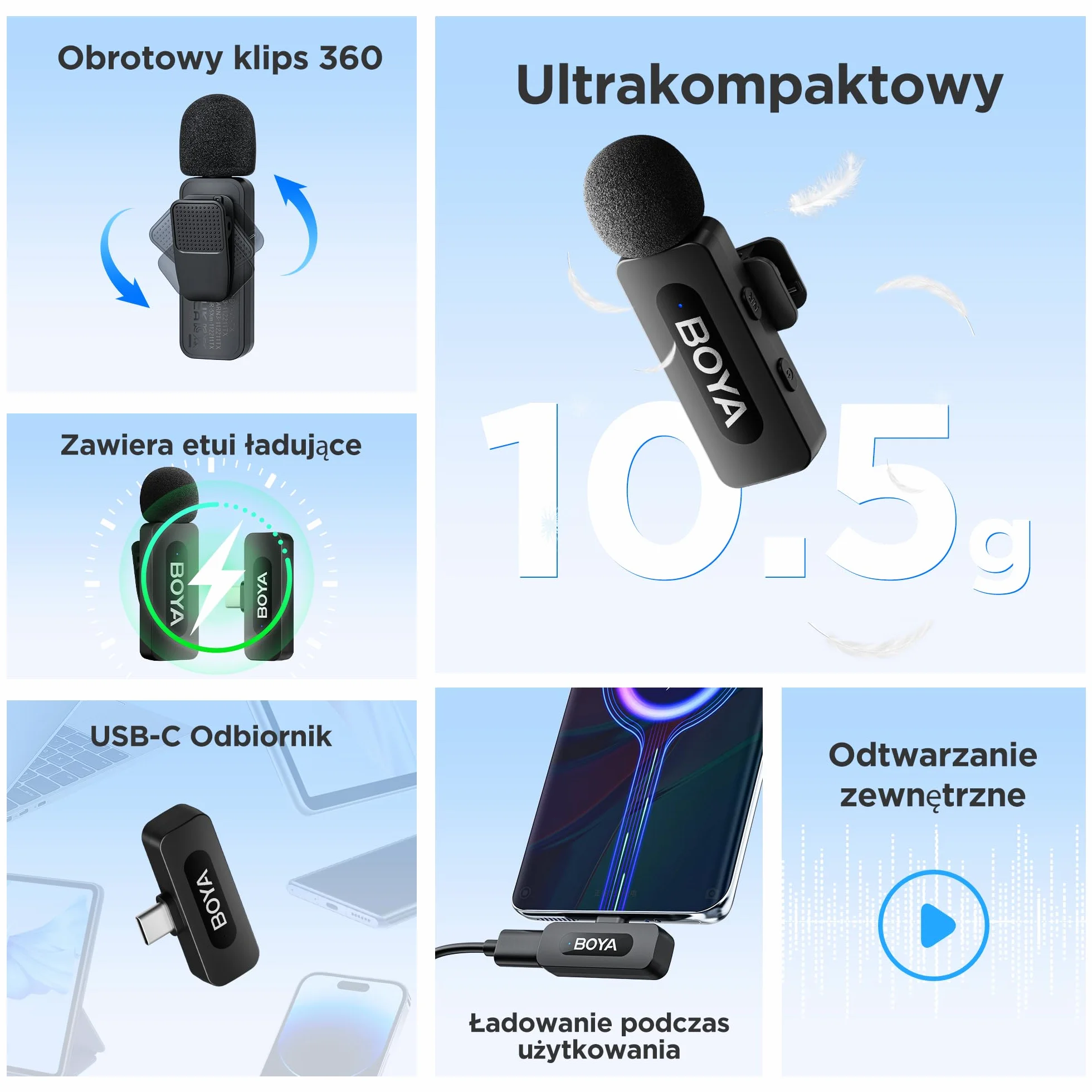 Boya BY-V10 Bezprzewodowy mikrofon USB-C, mini, z redukcją szumów, kompatybilny ze smartfonem z systemem Android, ze złączem typu C, laptopem, do YouTube, podcastów, Facebooka, nagrywania vlogów