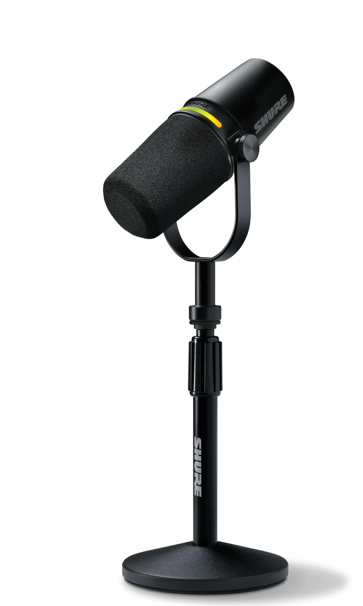 Shure Mikrofon do podcastów MV7+ z podstawką, Ulepszona jakość dźwięku, panel dotykowy LED, wyjścia USB-C i XLR, automatyczny tryb poziomowania, cyfrowy filtr pop, efekty pogłosu, podcasting - Czarny