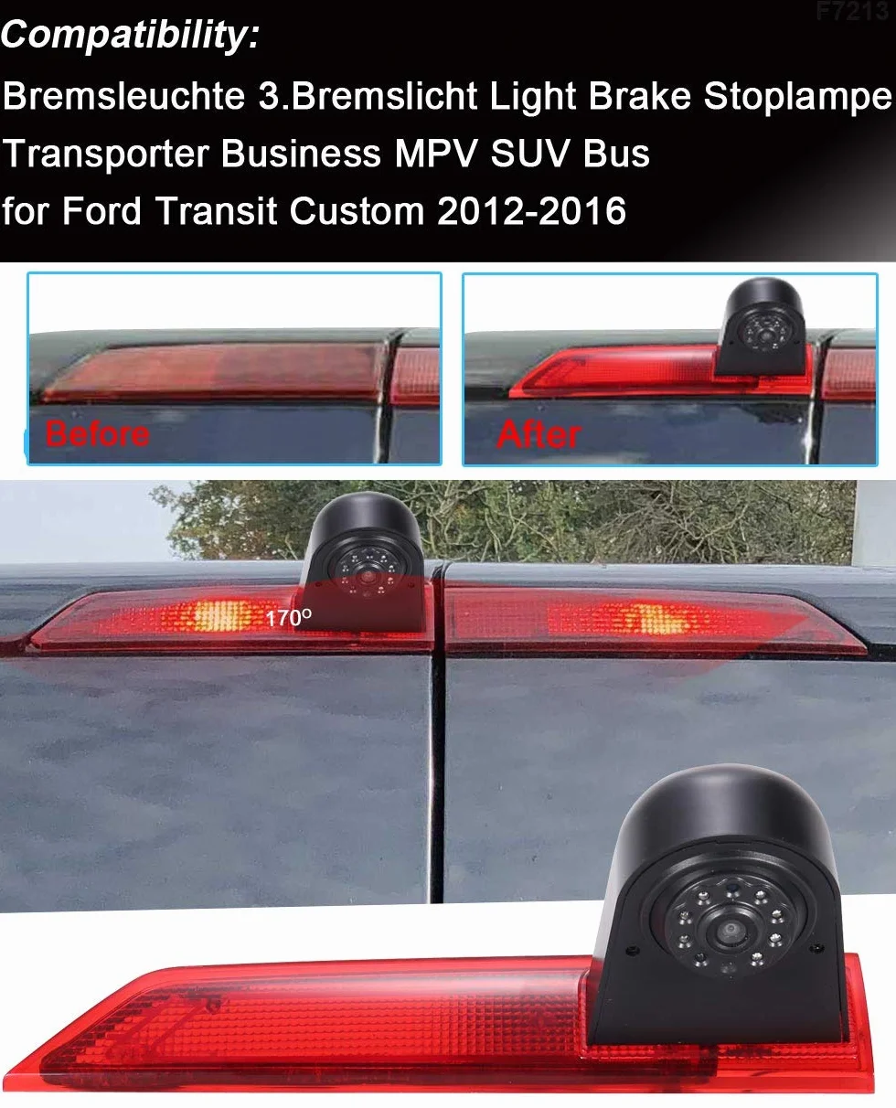 Lampa hamowania HD, kamera cofania z lusterkiem, 7 cali, ekran dotykowy, monitor, transporter, wodoszczelna widoczność w nocy, kamera cofania samochodu, zamiennik do Ford Transit Custom 2012-2016
