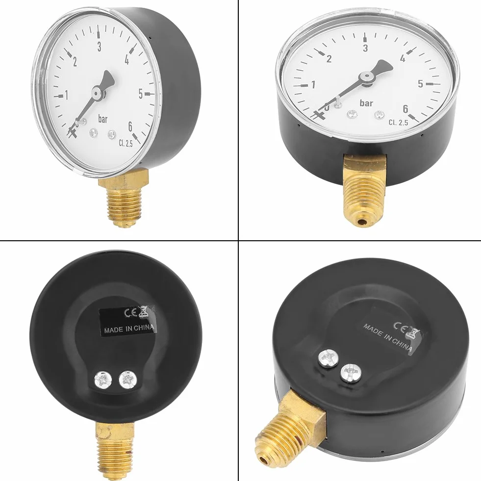 1/4" NPT ekonomiczny uniwersalny manometr, 0-6 barów, hydrauliczny miernik ciśnienia powietrza z 6 cm płytką tarczową, manometr z bocznym mocowaniem
