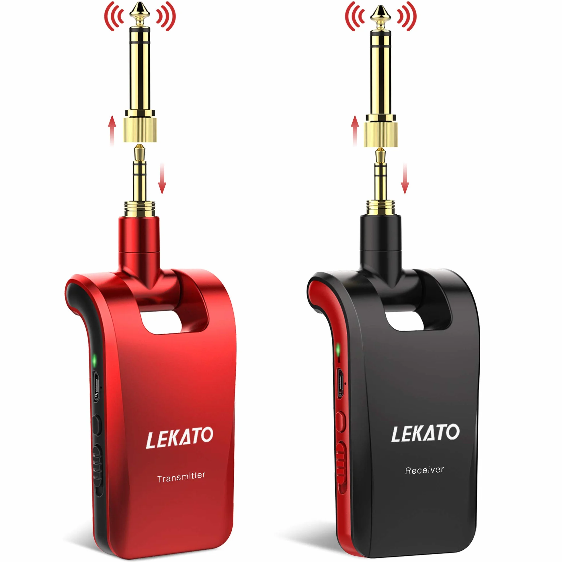 LEKATO Stereo 2,4 GHz bezprzewodowy transmiter gitarowy z wtykami 1/4" i 1/8" do instrumentów dźwiękowych, mono/stereo, wielokrotnego ładowania