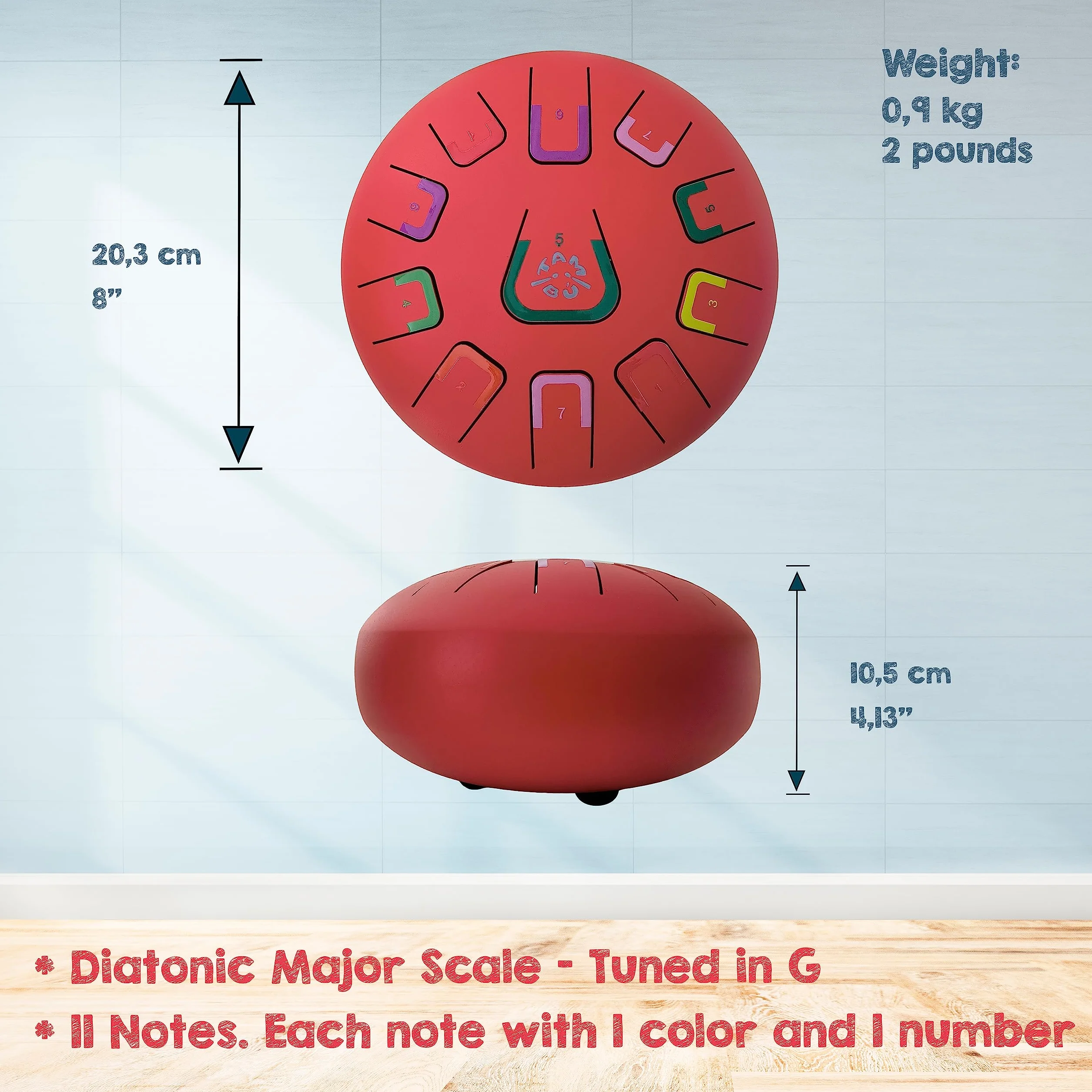 Stalowy bęben językowy tambu, 20 cm, 11 dźwięków, handpan, metalowy instrument perkusyjny, matowy czerwony