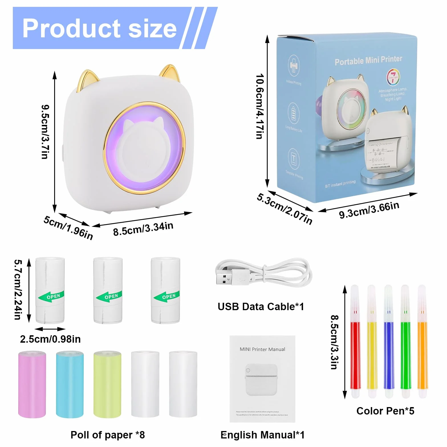 GuKKK Mini drukarka, mobilna drukarka fotograficzna, przenośna, mini drukarka fotograficzna z siedmioma kolorami LED, bezprzewodowa drukarka fotograficzna, drukarka termiczna do smartfona, drukarka