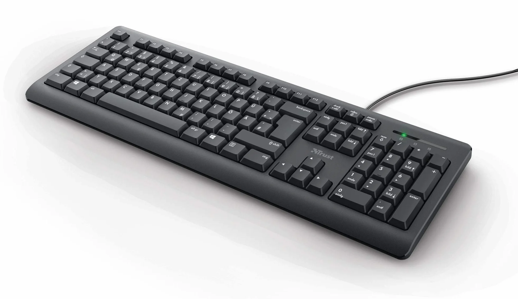 Trust Taro klawiatura przewodowa, niemiecki układ QWERTZ, ciche przyciski, ochrona przed rozbryzgami wody, port USB, kabel o długości 1,8 m, klawiatura do komputera, laptopa, Mac, Windows, macOS –