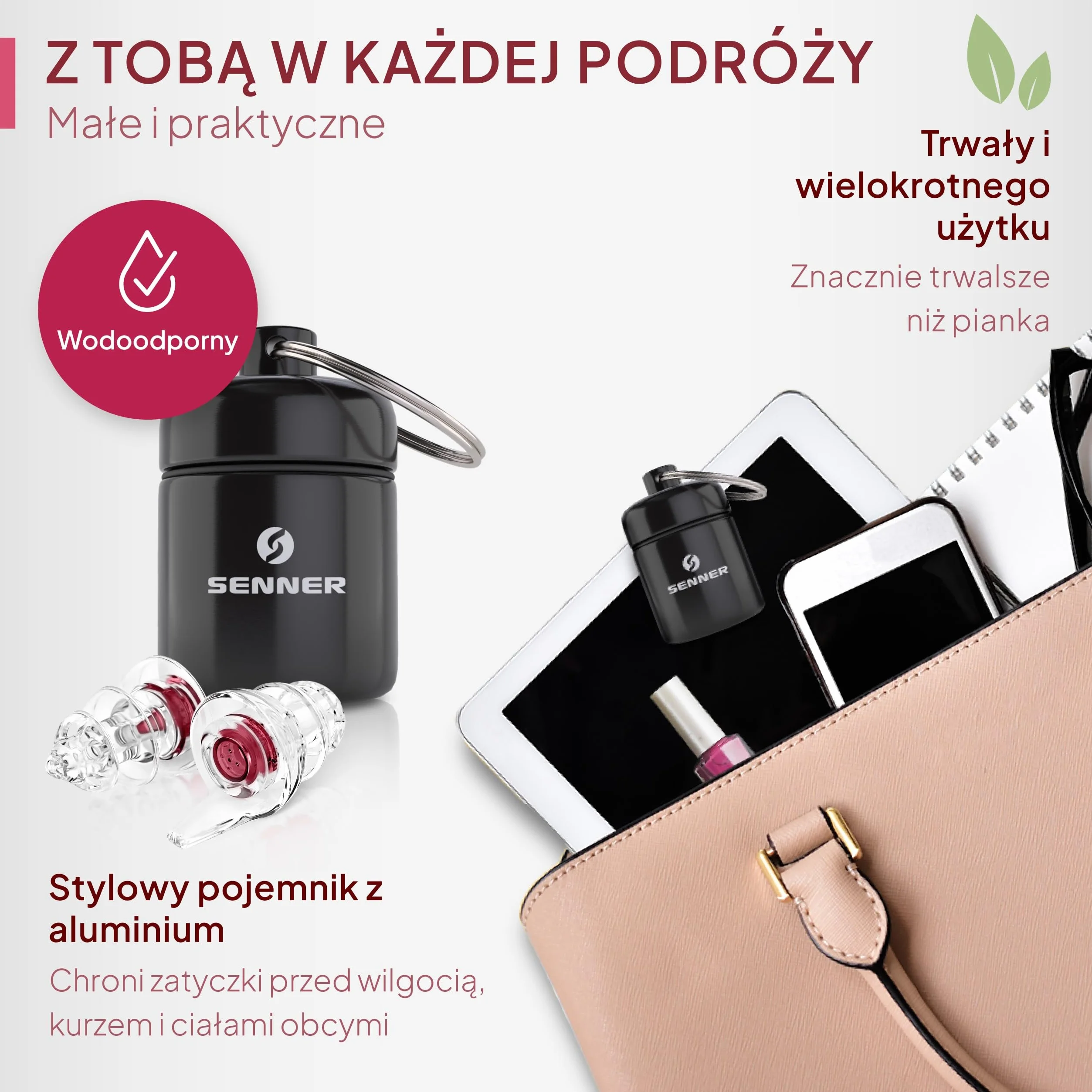 Senner WomenPro zatyczki do ochrony słuchu w praktycznym aluminiowym pojemnikiem.Idealne dla kobiet, wyjątkowo łatwe do noszenia, wygłuszają otoczenie.